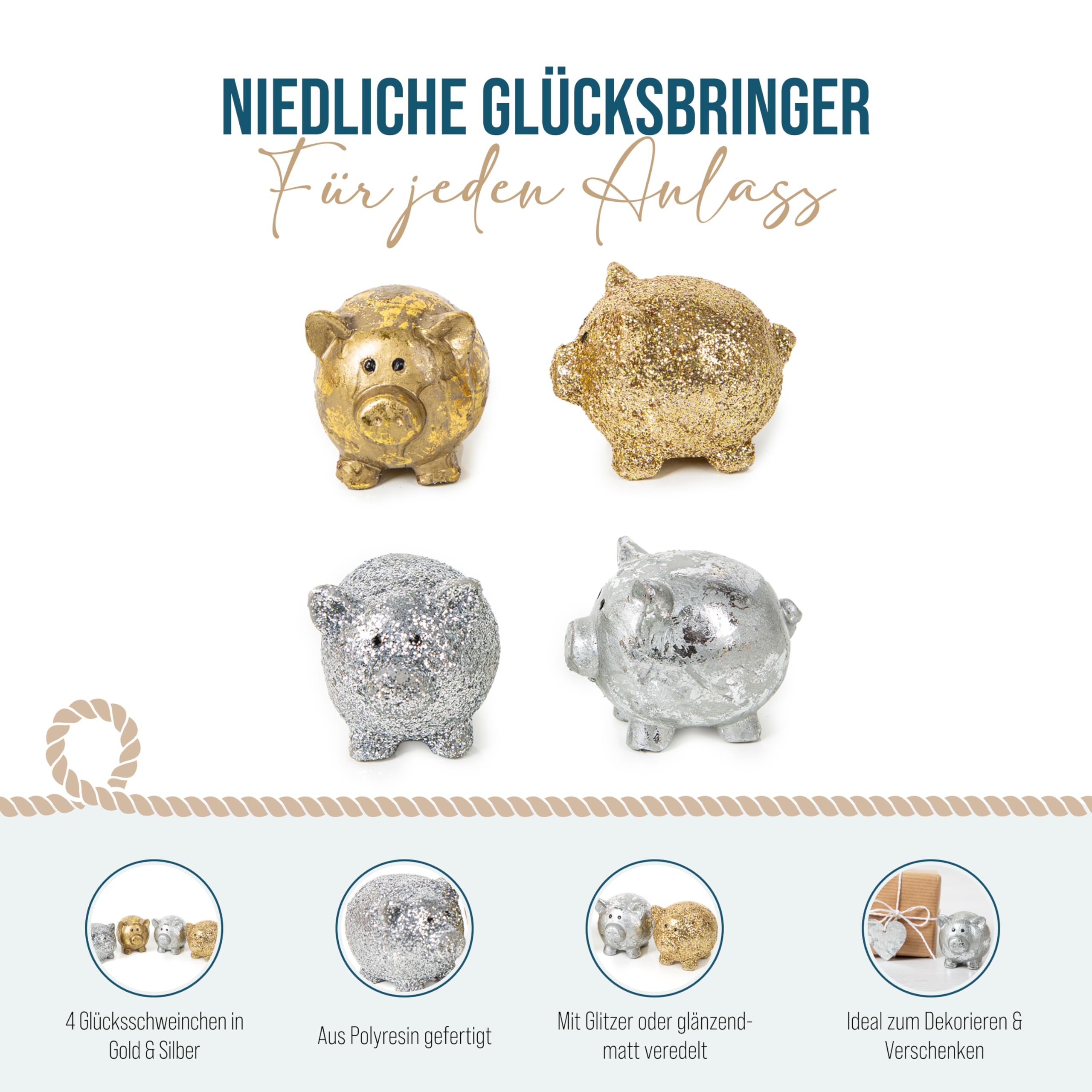 Glücksschweinchen Glücksbringer, 4 Stück: Mini Schweine Silber & Gold, Silvester & Neujahr, Glück für Prüfung, Abitur & Führerscheinprüfung, Geschenk Mann & Frau, Glücksschwein Figuren Klein, 5 cm