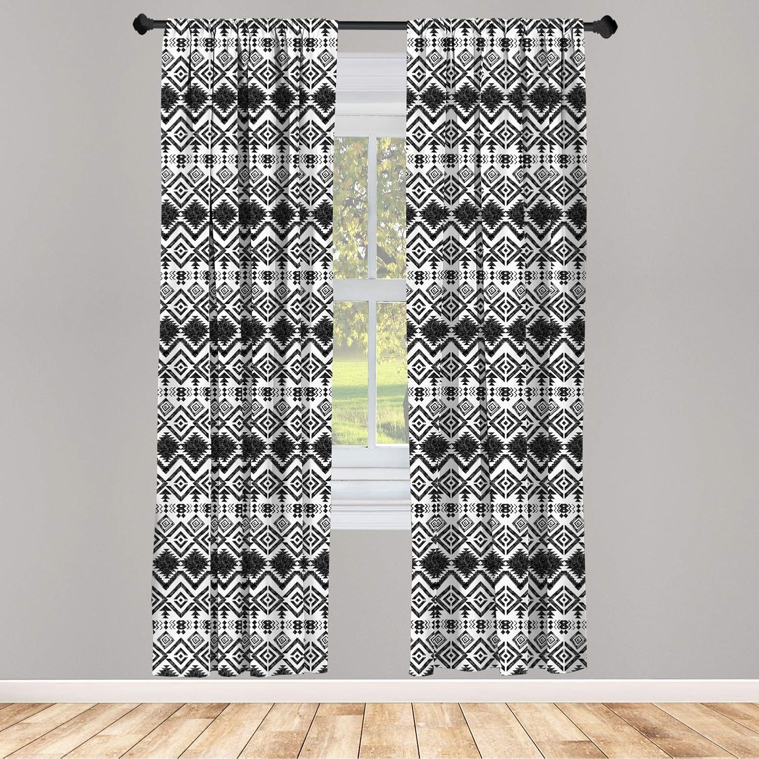 Lunarable Tribal Curtains, Hand Drawn Style Ethnic Pattern Geometric and Oranmental Aztec Design Print, Window Treatments 2 Panel Set for Living Room Bedroom, Pair of - 28" x 84", White Black