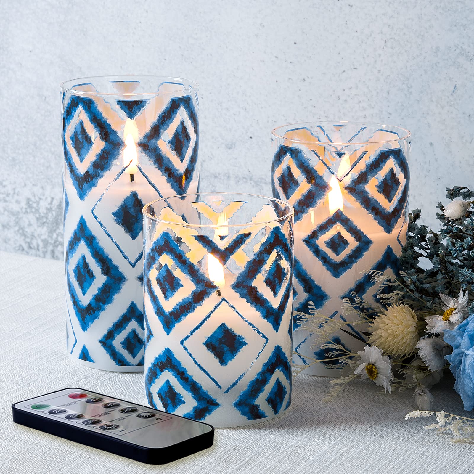 Eywamage Blue Geometric Flameless Candles in Glass, Flickering LED Pillar Candles with Remote Set of 3