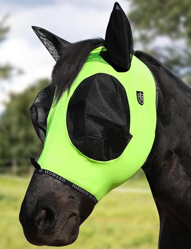 Máscara contra moscas para cavalos Harrison Howard com abertura para topete, proteção UV e malha respirável — Amarela fluorescente, tamanho L