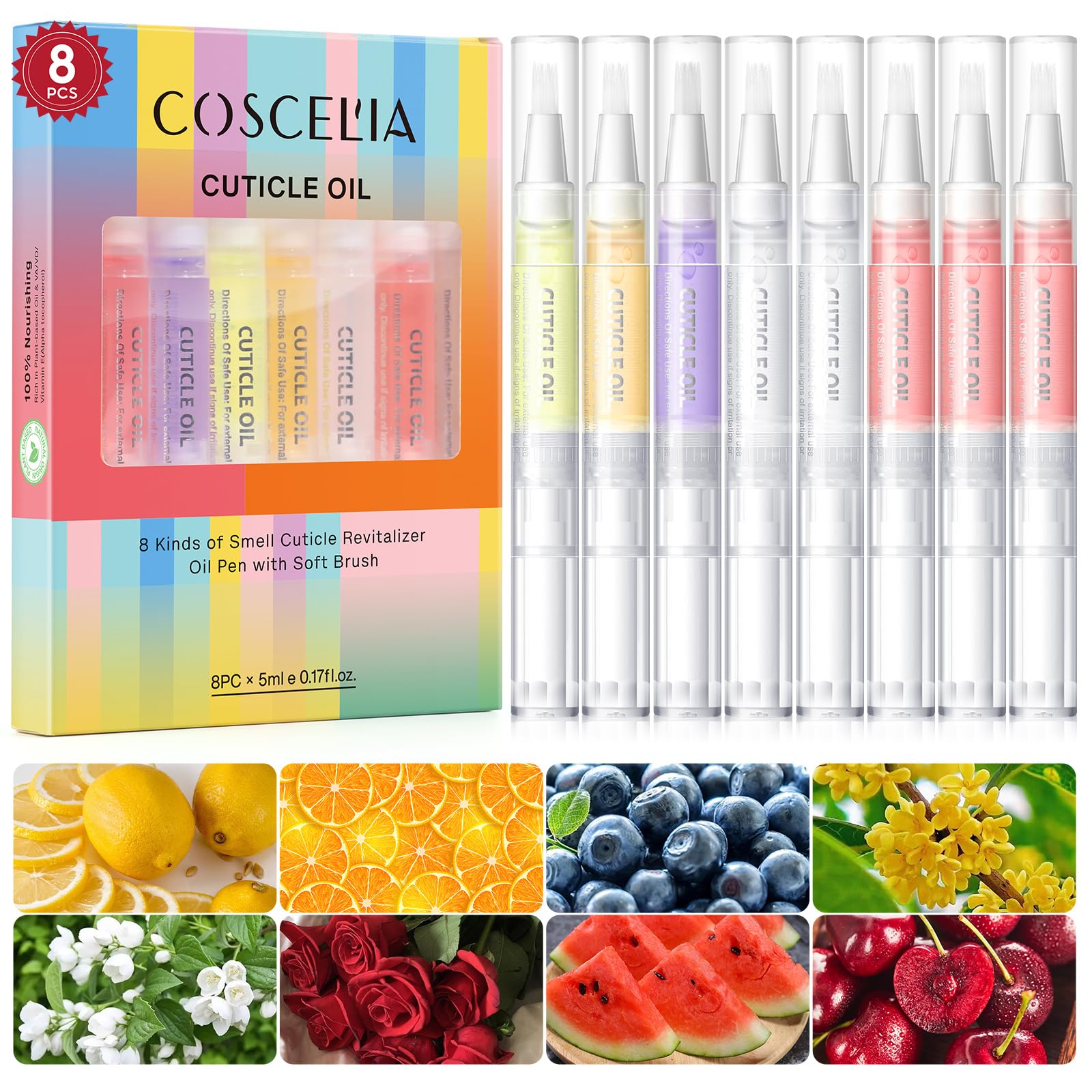 Coscelia Huile Cuticules Ongles Kit - 8 Pièces Cuticle Oil Stylo - Stylos à Huile pour Cuticules Mix Taste pour Réparer les Fissures et l'huile de Cuticule Sèche