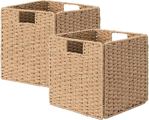 StorageWorks Cestas de mimbre de 11 pulgadas, cubos de almacenamiento tejidos a mano con asas, cesta plegable de cuerda de papel para organizar,