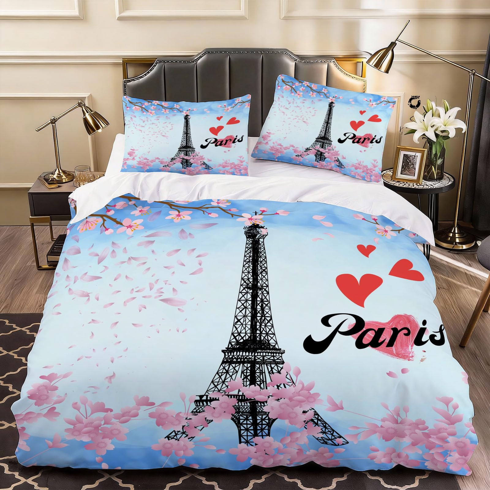 3D Paris Eiffel Tower Themed Duvet Cover Artist Bedding Single Bed Set, Soft Microfiber Comforter Cover Printed with Zipper Closure Quilt Coverr 135x200 cm and 2 Pillowcases