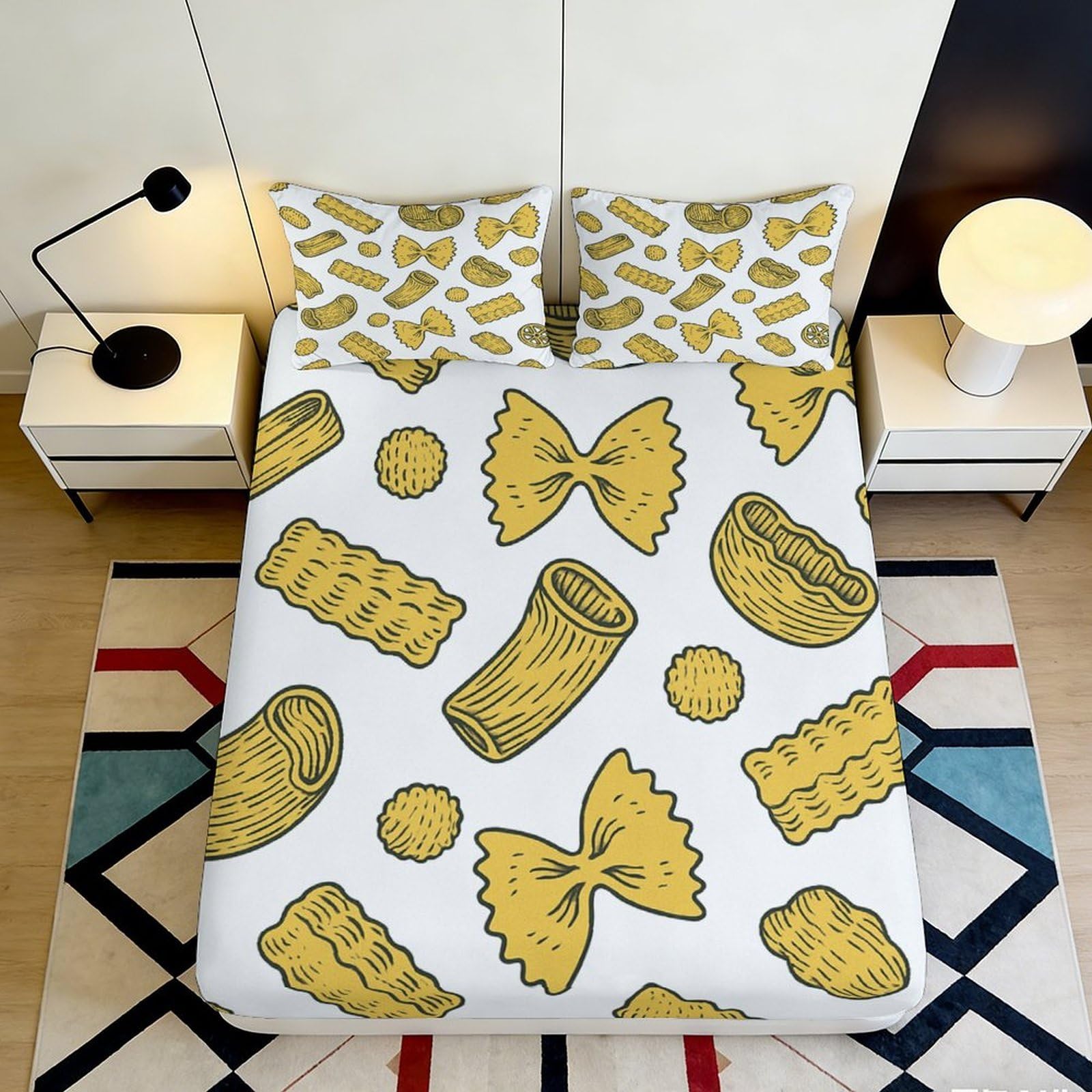 Pnayamiorkfel Style-3 3D Printed Yellow Pasta Pattern Fitted Sheet Microfiber Bed Cover, Anti-Slip, Machine Washable, Bedroom Dorm Decor 90X200x25cm