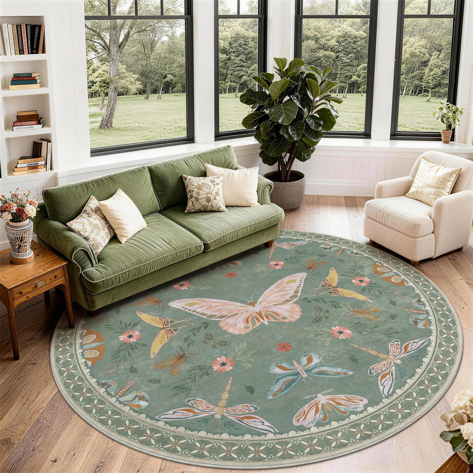 SOANNY Round Living Room Rug 160 cm, Butterfly Circle Area Carpet, Soft Low Pile Washable Non Slip Stain Resistant Modern Floor Mat for Bedroom Kitchen Entryway Dorm Beside Sofa Office, Sage Green — image 1