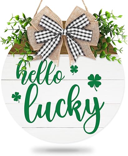 Whaline Letrero de madera para el día de San Patricio letrero de bienvenida de trébol irlandés rústico con lazo para decoración de ventanas