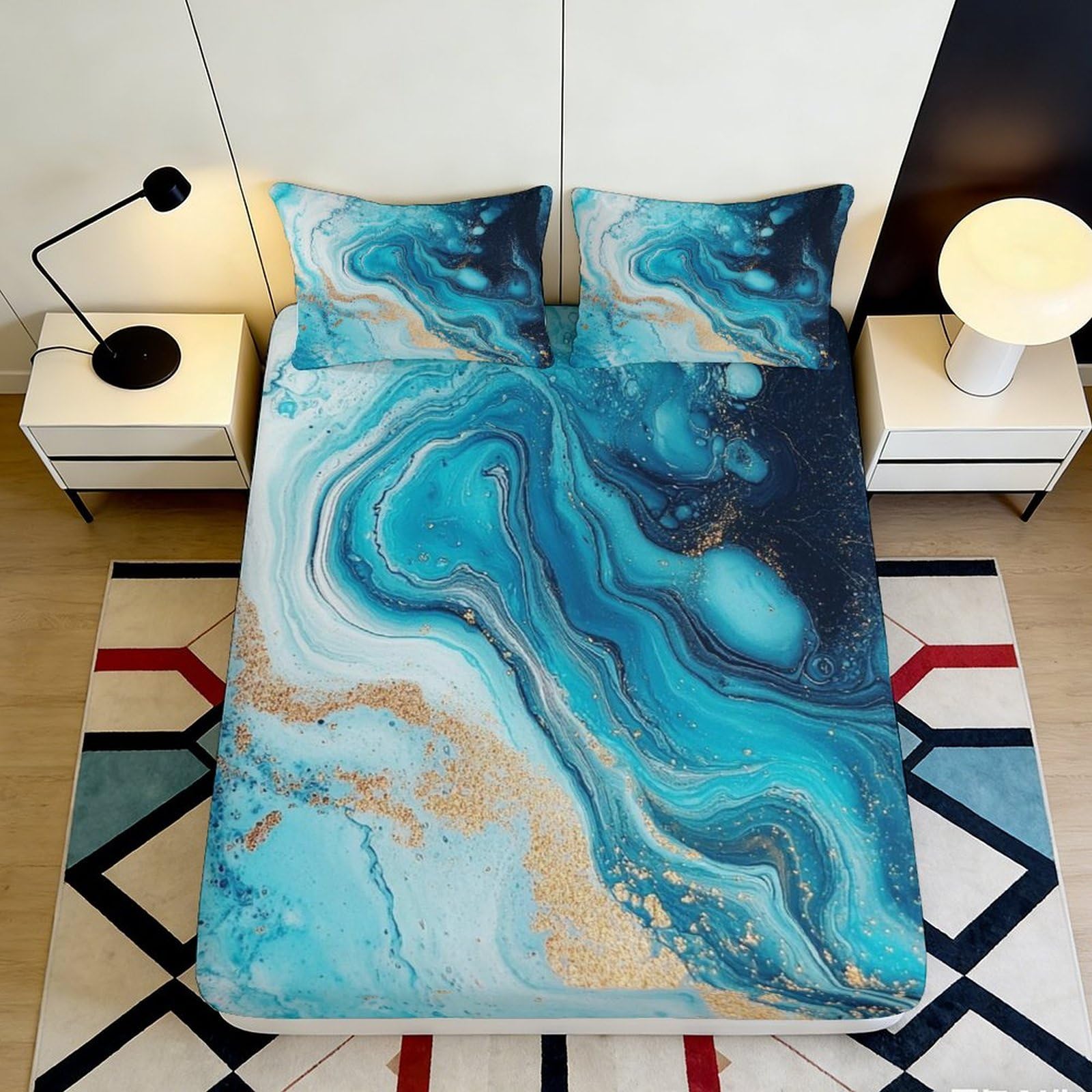 3D Printed Blue Marble Fitted Sheet Microfiber Soft Breathable Ocean Wave Bed Cover for Bedroom Dormitory Guest Room Mattress Protection Decor 120x200x25cm