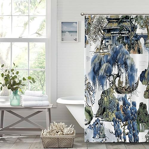 Miniatura 902 de Cortinas de ducha de baño con ganchos, 72 x 92 pulgadas, cortina de ducha de tela impermeable con diseño de flores y pájaros, cortina de ducha