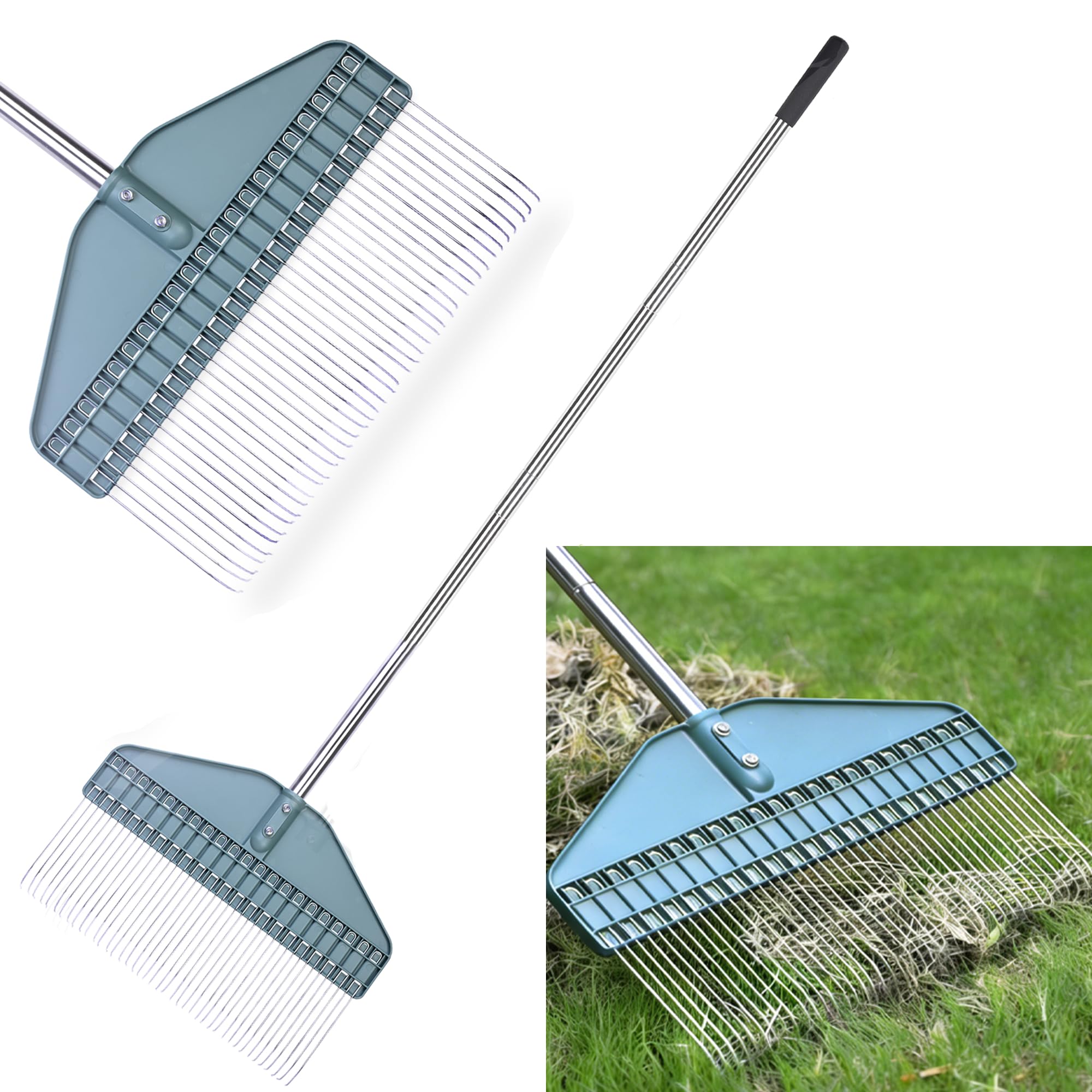YEELOR Rasenrechen für Blätter, Gartenrechen mit 43,2 cm Kopf – 167,6 cm Edelstahlgriff für Hof, Rasen, Strauch, Gartenbeete, Geflügelhaus