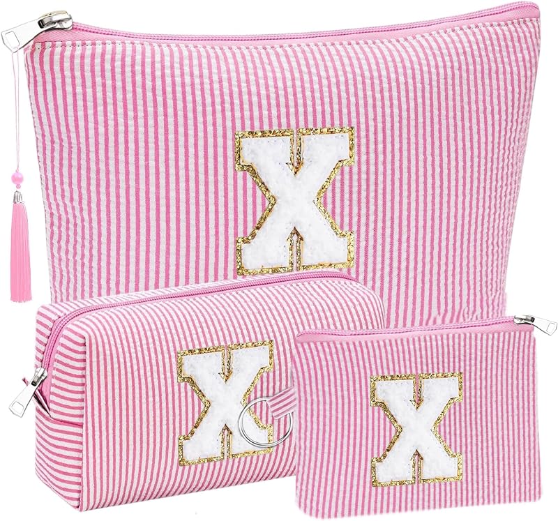 Conjunto Adoryoung com 3 necessaires para cosméticos, Chenille, estampa de letra X, rosa