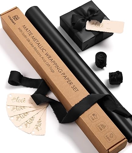 Vitalizart Juego de papel de regalo metálico negro mate de 17 pulgadas con cinta de satén de seda y etiquetas de regalo, envoltura de regalos de
