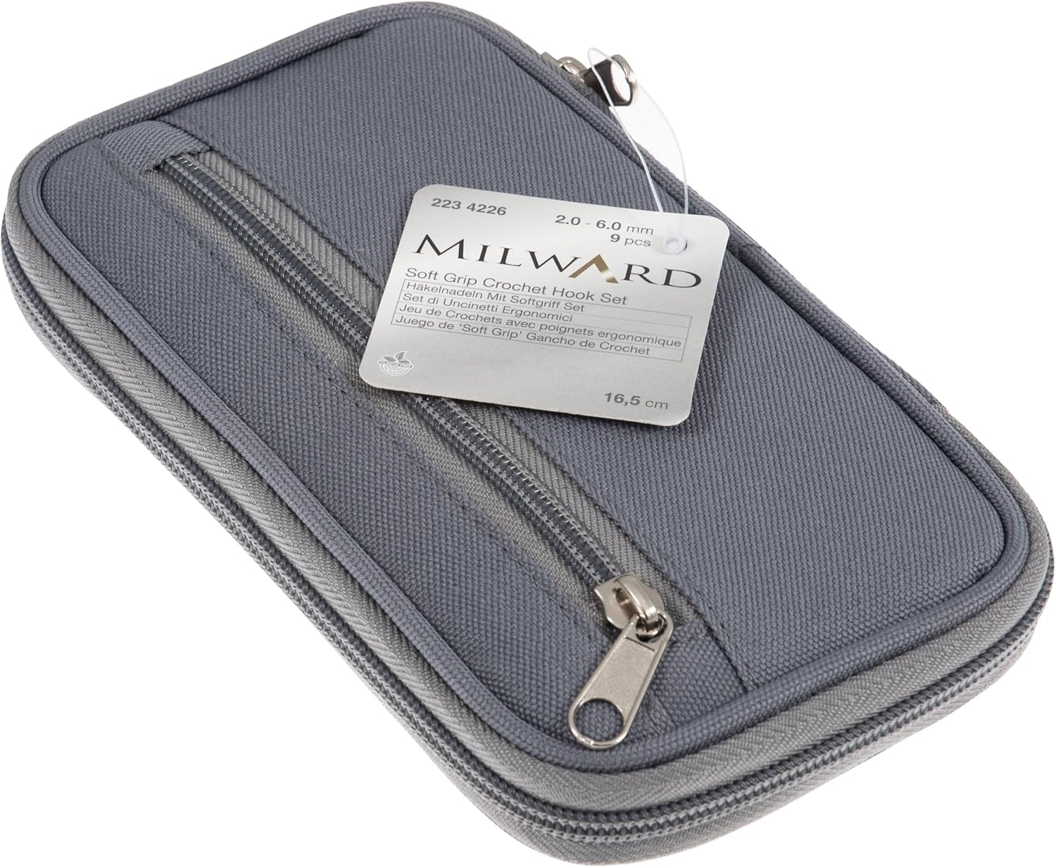 Milward Crochet Hook Set - Soft Grip Colour Coded Handles 2,2.5,3,3.5,4,4.5,5,5.5 and 6mm, 100% Cotton Hard Zippered Case, Grey