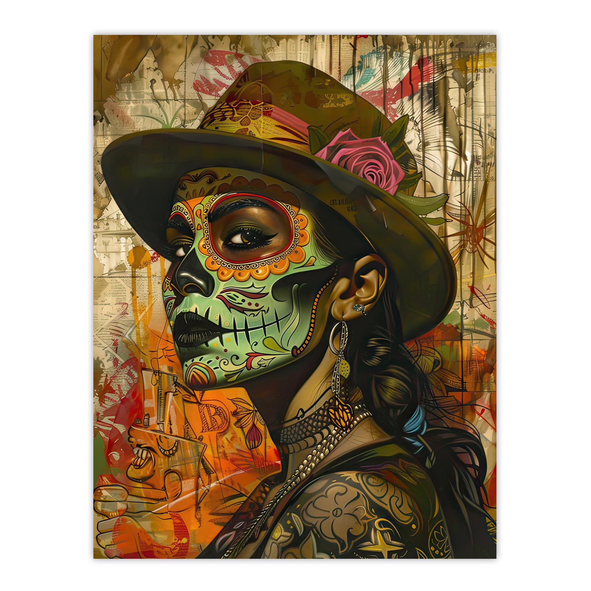 Artery8 Mexican Day of the Dead Portrait Street Art Tattoos Living Room Large Wall Art Poster Print Thick Paper 18X24 Inch