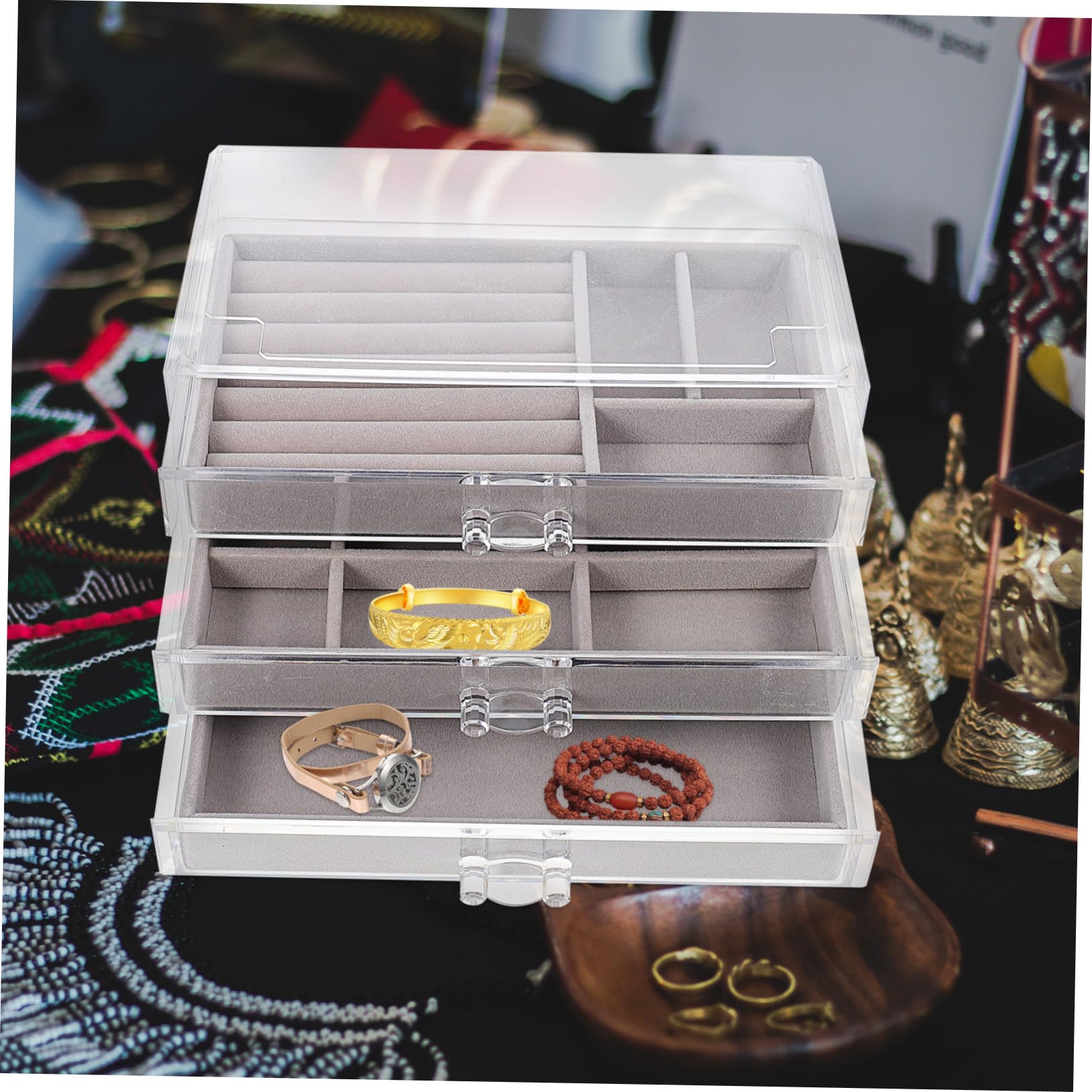 POPETPOP Scatola Porta Gioielli in Plastica Grigia con Organizer da Scrivania per Camera da Letto con Scomparti Multipli Antipolvere e Design Elegante
