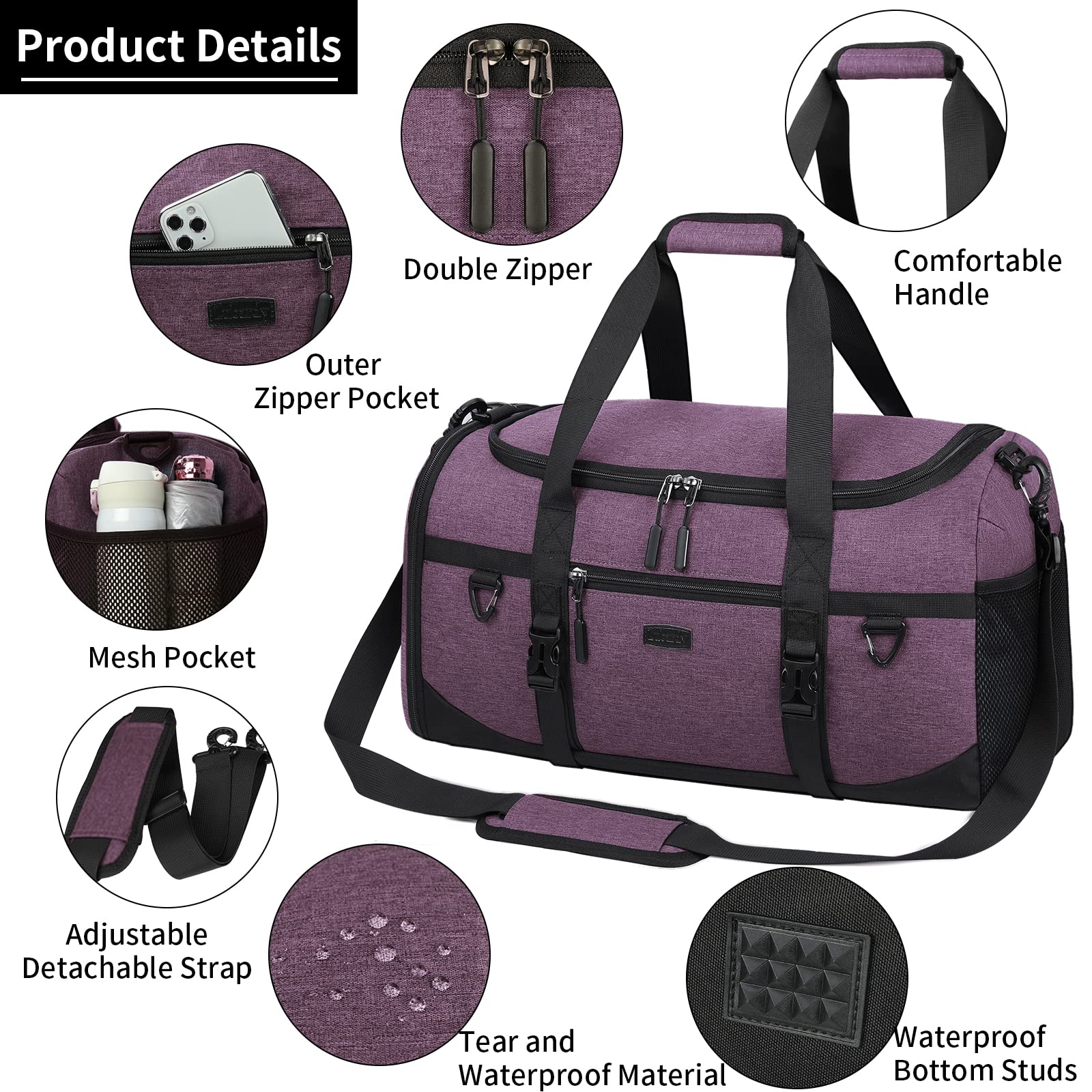 Lubardy Bolsa Deporte 40L Impermeable Viaje con Toalla Microfibra Compartimento Zapatos Violeta