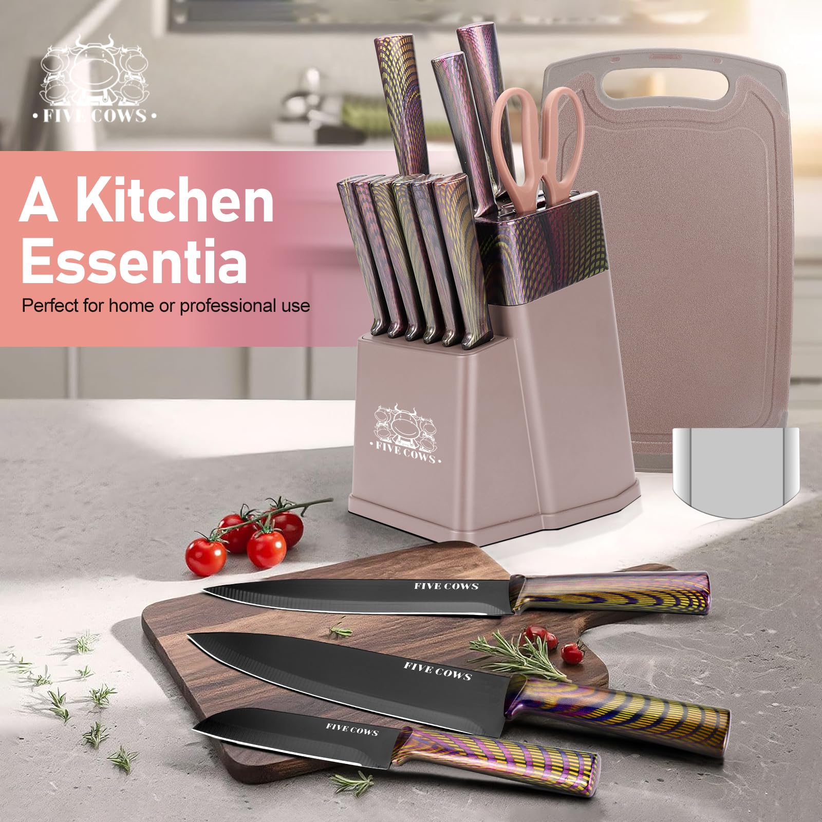 Couteau Cuisine, 16 pièces, Bloc couteaux de cuisine avec Affûteur Intégré, avec planche a decouper, ciseaux de cuisine et couteaux de chef, Couteaux et Ustensiles de Cuisine(Violet)