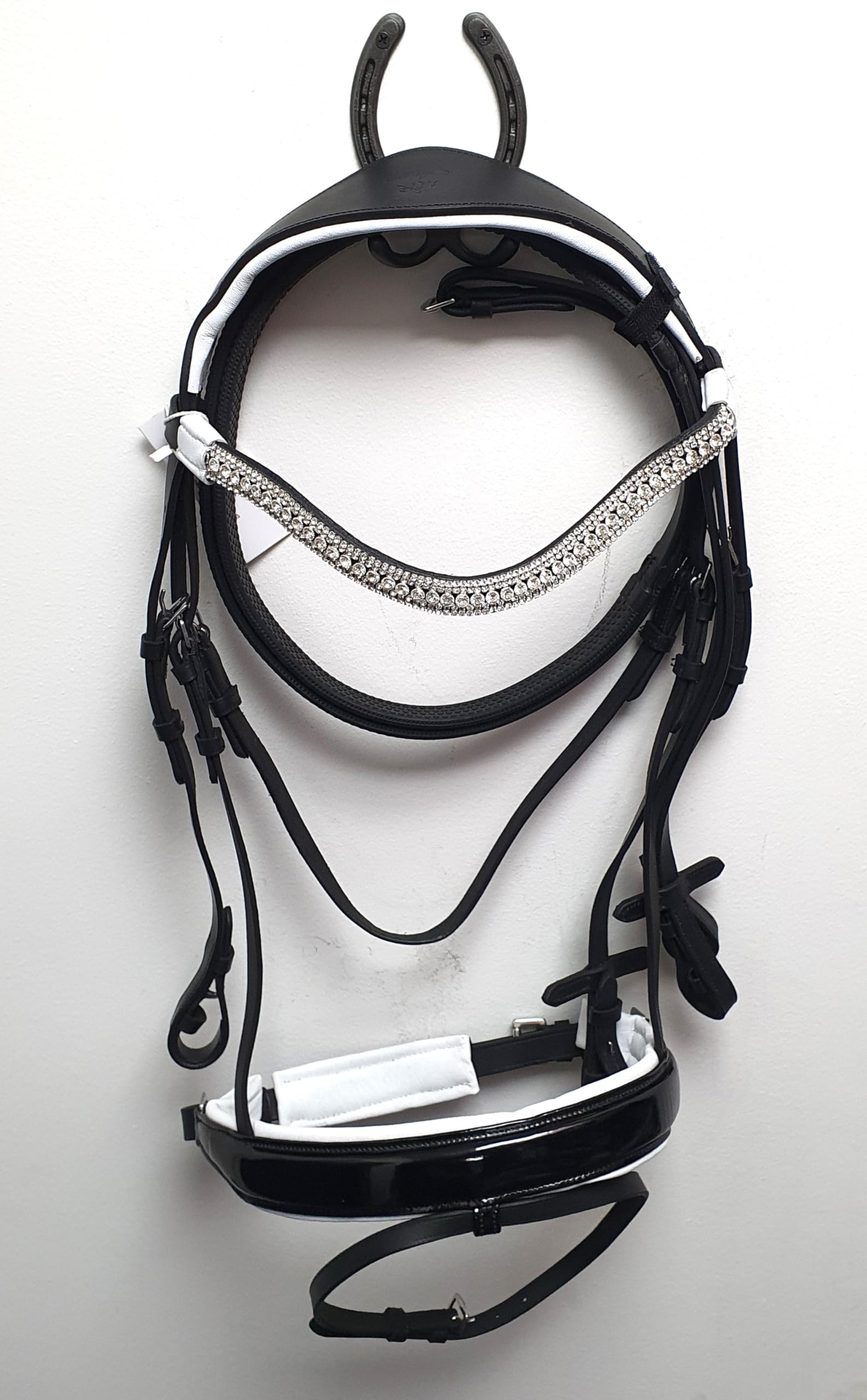 Equestrian Stone silver show Bridle Small Silver Stones Black Leather Patent Noseband Size X-full, Full, Cob, Pony, Shetland, Mini Shetland (COB)