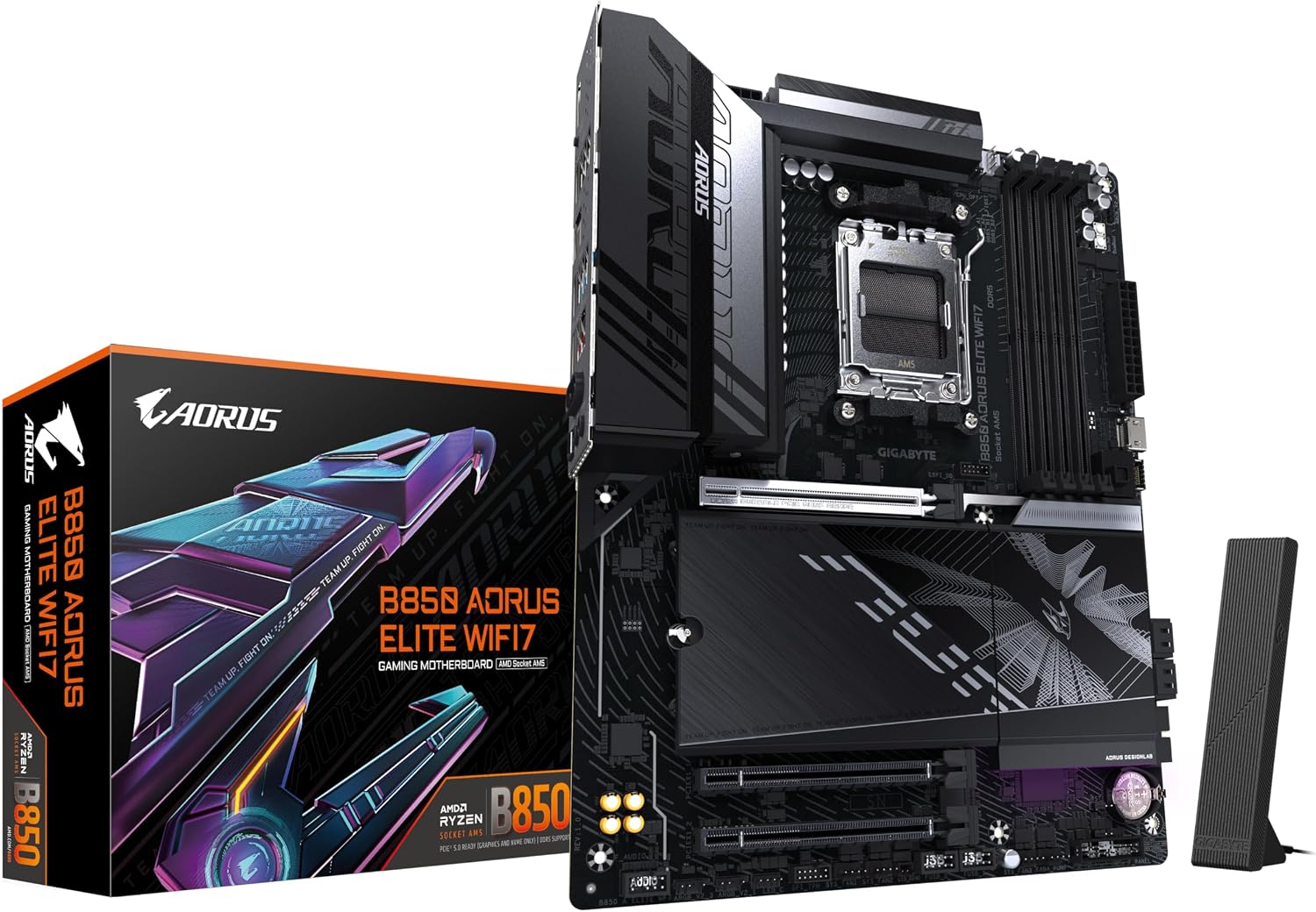 B850 AORUS Elite WIFI7 Motherboard - AMD Ryzen 9000 Series CPUs, 14+2+2 Phases Digital VRM, up to 8200MHz DDR5 (OC), 1xPCIe 5.0 + 2xPCIe 4.0 M.2, 2.5 LAN, WiFi 7, USB 3.2 Gen 2x2