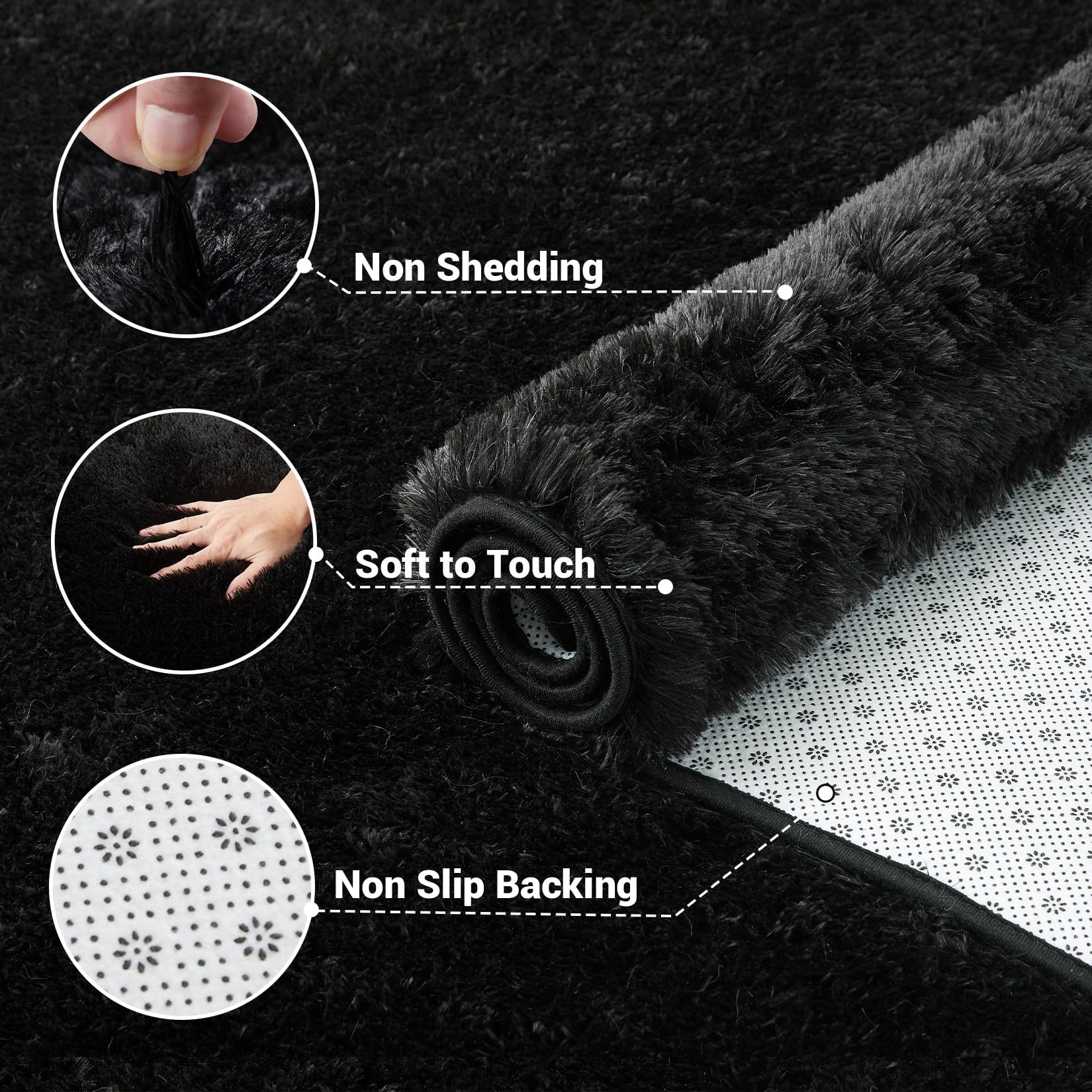 Alfombra de pasillo 2 x 6, suave, tie-Dye, de pelo largo, antideslizante, de felpa, para entrada o cabecera, no pierde sus pelos, lavable a máquina, efecto terciopelo (teñido negro/gris)