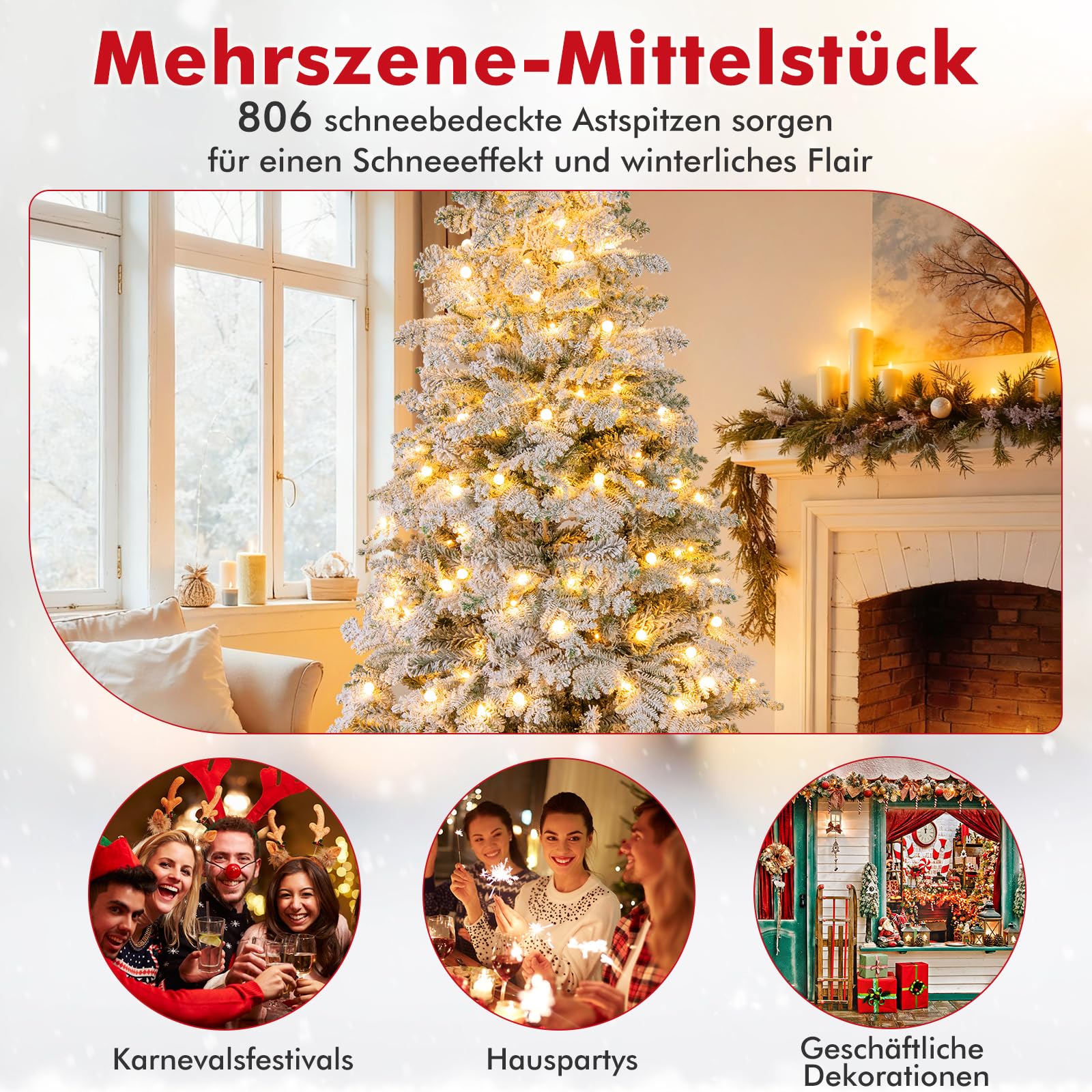 COSTWAY 210 cm Künstlicher Weihnachtsbaum mit Beleuchtung und Schnee, Tannenbaum mit 160 funkelnden Kugeln, warmweißen LED-Lichtern, 8 Lichtmodi & Metallständer, Christbaum, Kunstbaum Weihnachten