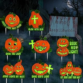 8 Pcs Halloween Pumpkin Yard Signs Luminous Christian Pumpkin Garden Signs with Stakes Glow in Dark Halloween Spooky Pumpkin Lawn Sign Decoration for Halloween Party Yard Outdoor Garden Decor