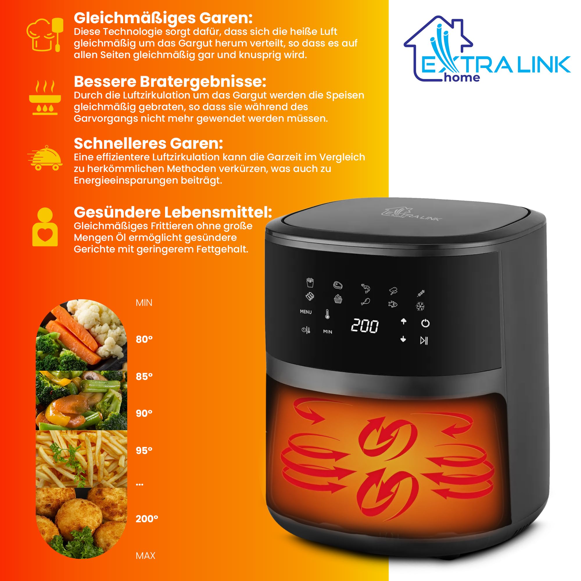 Extralink Heissluftfritteuse 4,2L 1400W Airfryer 10 Programme Touch LED
