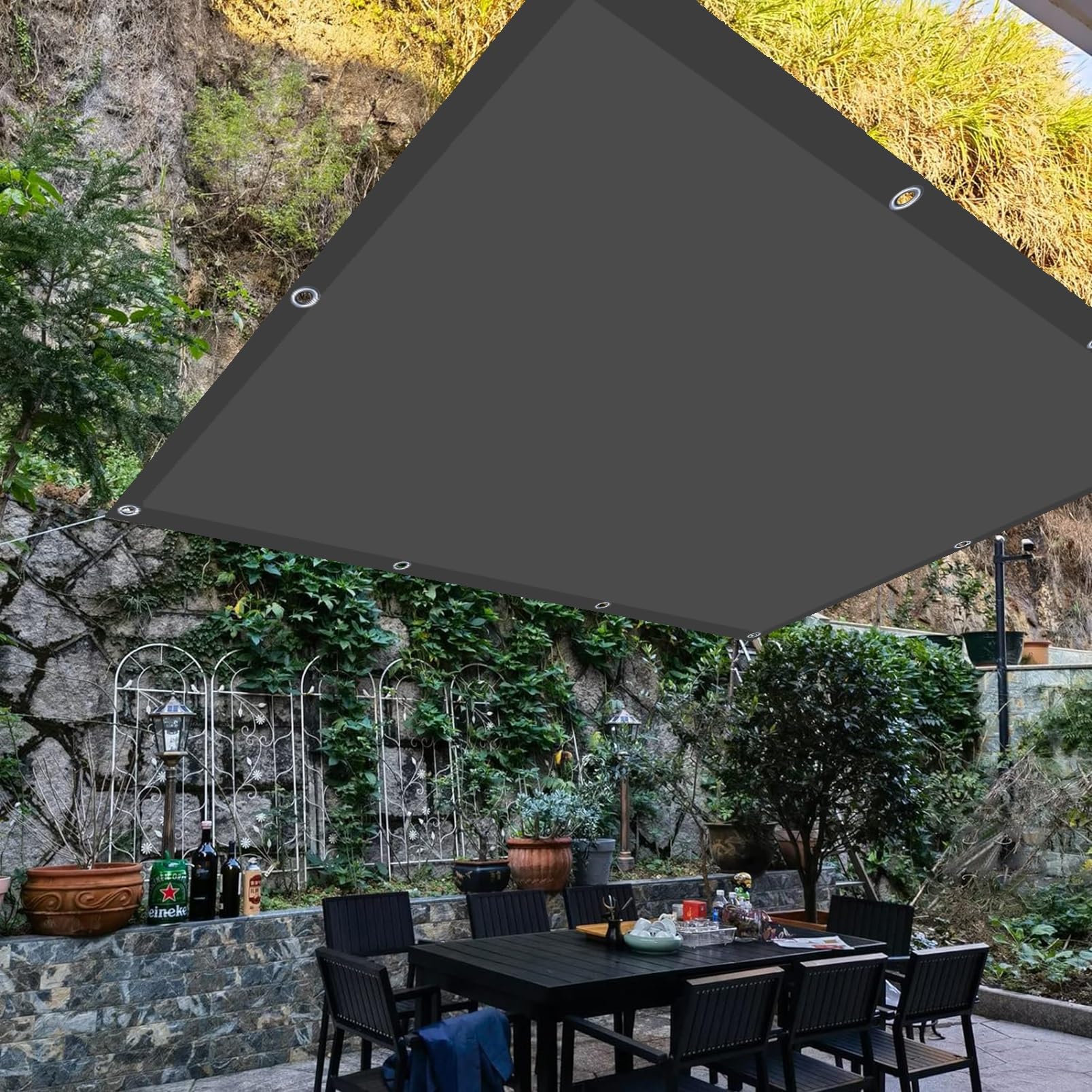 Toldos Exterior Terraza Impermeable 4 x 5 m Tela Parasol Cuerdas 98% de Protección UV con Cuerdas y Ojal para Patio Jardín Terraza Balcón Parque, Antracita
