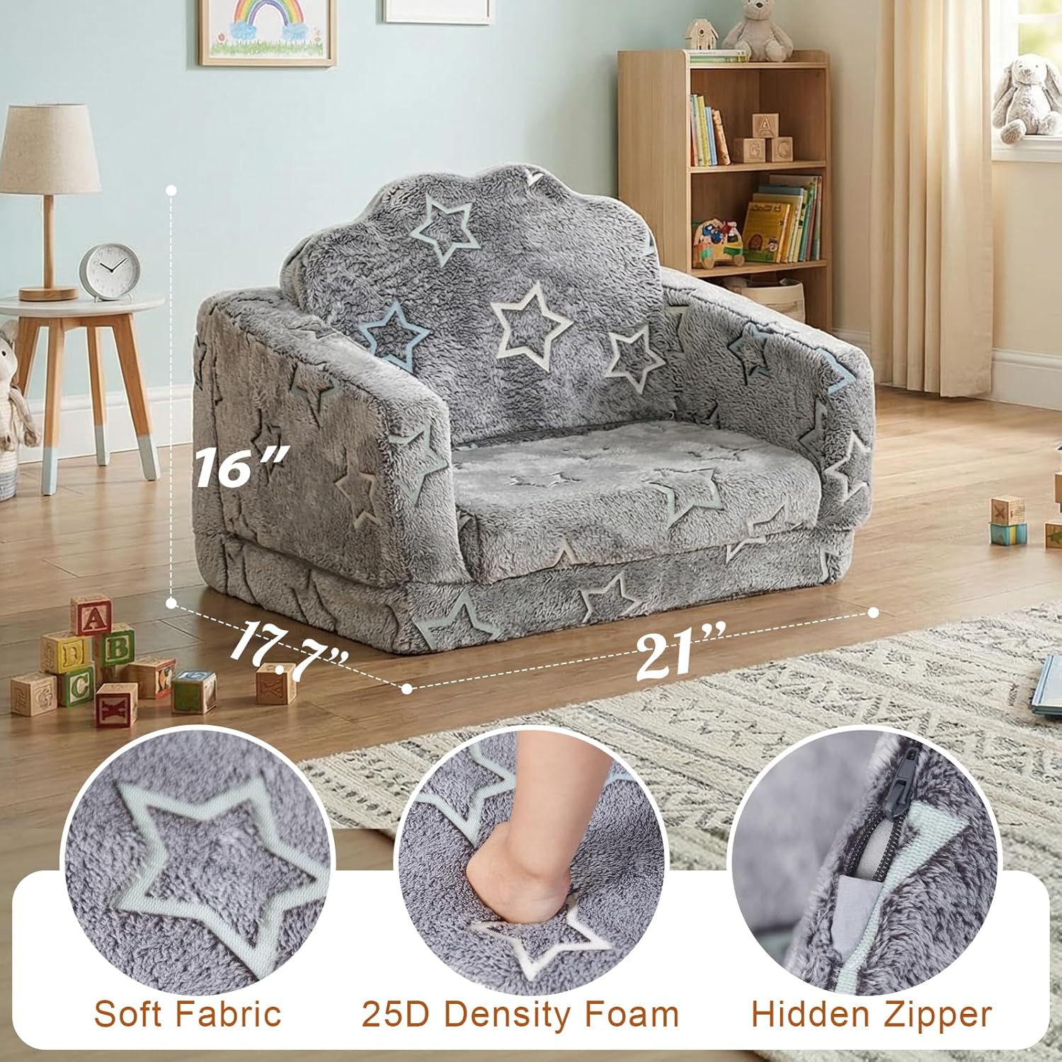 Play Couch Sofa for Kids Fold Out Flip Out Kids Sofa Chair 2 in 1 Convertible Sofa to Lounger for Girls and Boys (Grey)