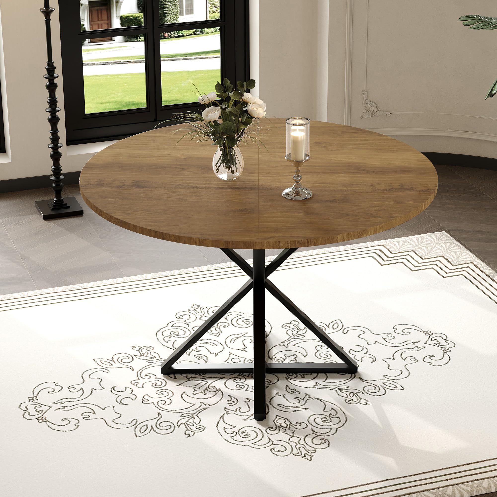 Table à Manger Ronde 120 cm – Plateau en Bois Rustique Brun & Base Métallique Noire Robuste – pour 4 à 6 Personnes – Idéale pour Cuisine ou Salle à Manger – Black Iron + Brown