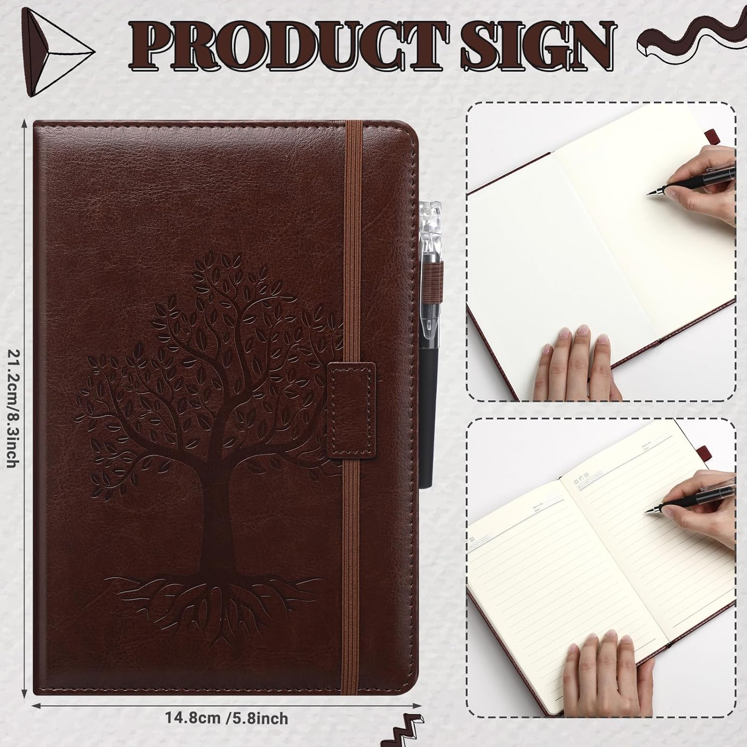 Estune 10 Pack Lined Journal Notebook A5 Tree of Life Hardcover Leather Journal with 10 Pen, College Ruled Notebook for Travel, Business, Work, Office, School Note Taking Diary(Retro Dark Color)