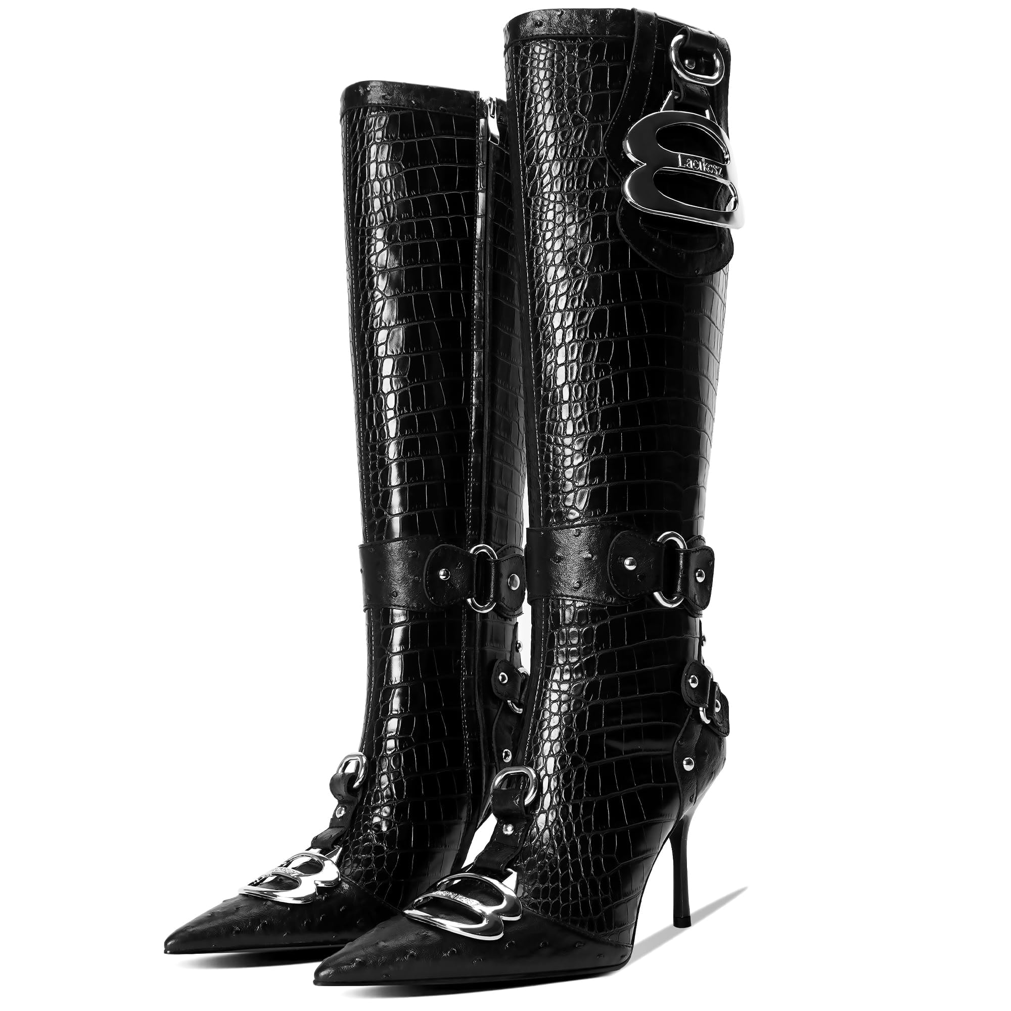 LACIKOSZ Knee High Crocodile Boots for Women Pointed Toe Slim Calf Sexy Stiletto High Heel Long Tall Boots with Slide Zipper Buckle Rivets