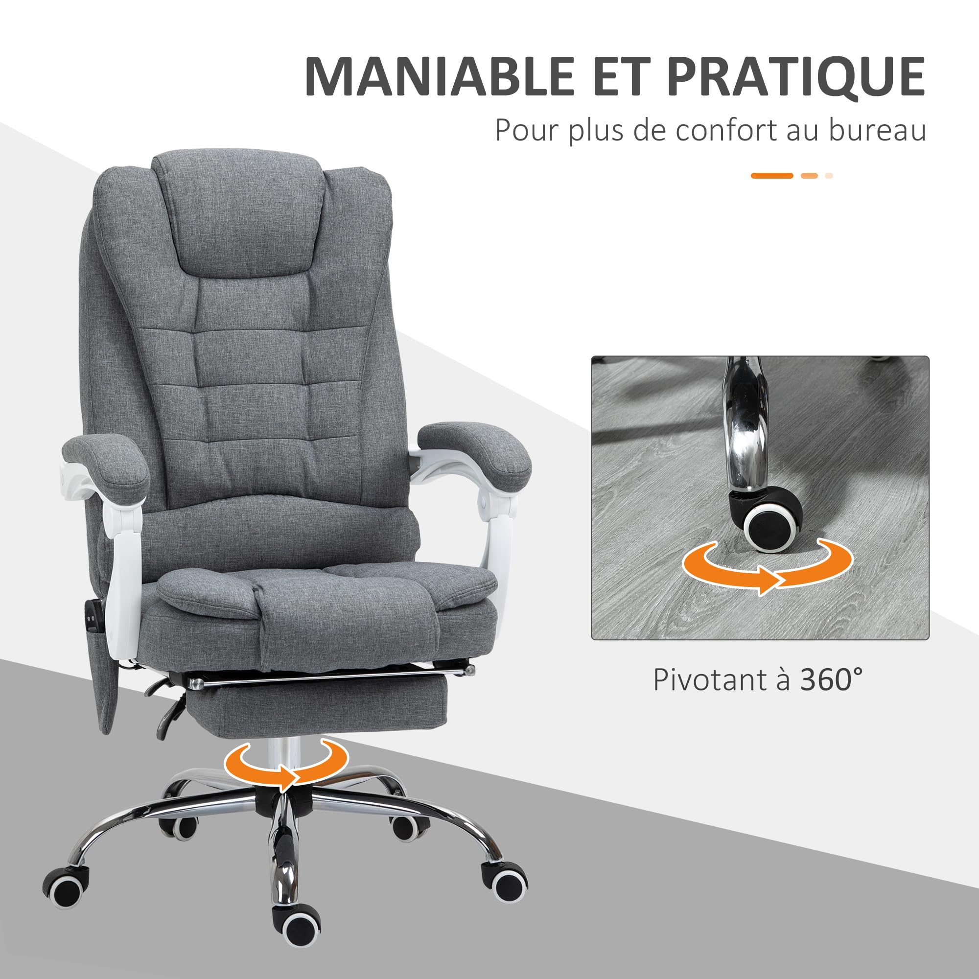 Vinsetto Fauteuil de Bureau Massant et Chauffant Toile de Lin Gris