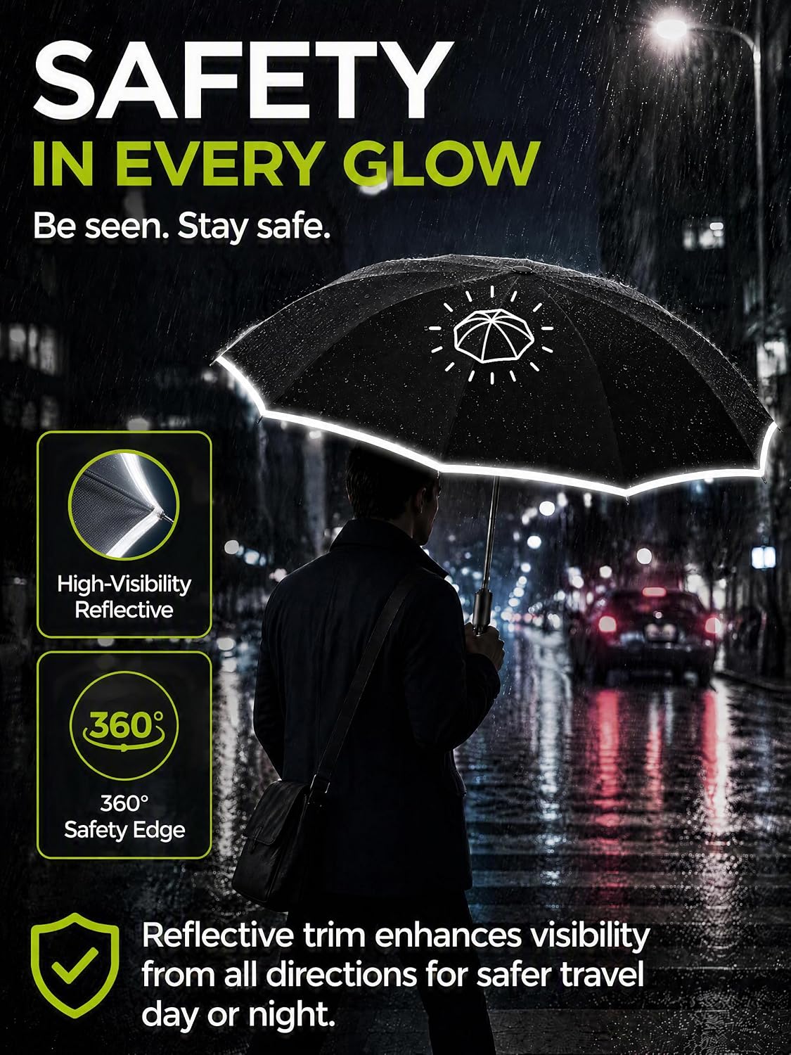 Auto Reverse Folding UV Travel Umbrella, Rain Sun Use, 360 Reflective