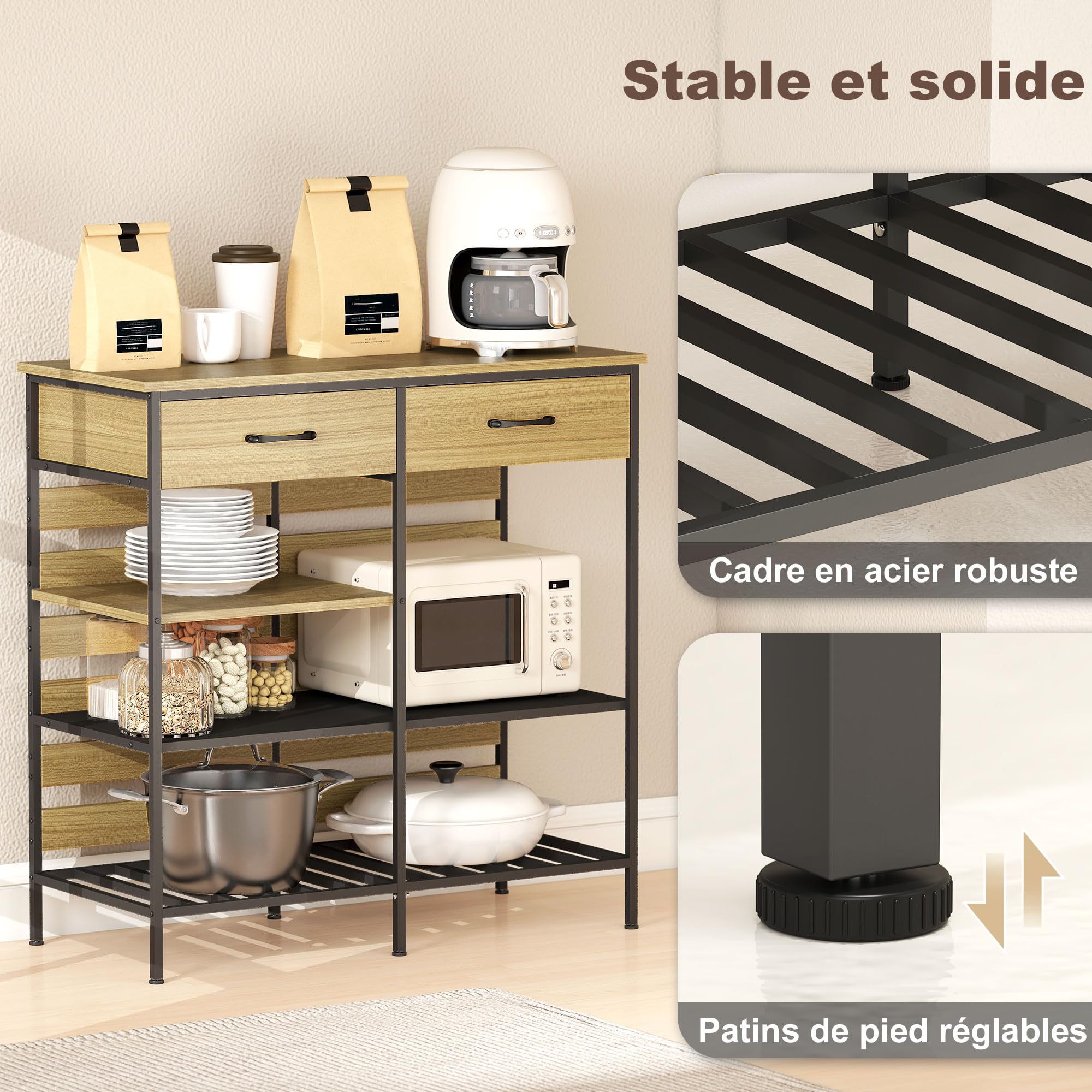 HOMCOM Buffet Cuisine, Meuble de Rangement avec 2 tiroirs et 3 étagères Ouvertes, Style Industriel, Cadre en Acier, pour Salle à Manger, Salon, Cuisine, 90 x 40 x 91 cm, Bois Naturel et Noir | Meuble de Rangement, 3 Étagères Ouvertes, Style Industriel, Ca