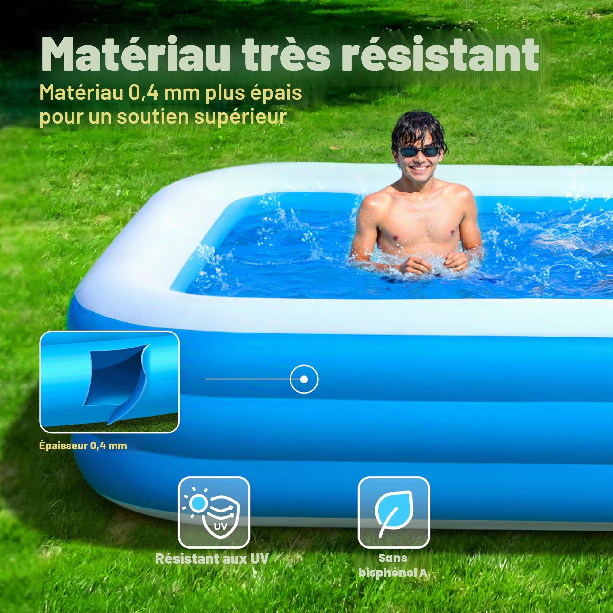 Sloosh Piscine Gonflable avec Sièges, 304,8 x 182,8 x 55,8 cm, Piscine Familiale Hors-Sol, Épaissie et Durable, Idéale pour Les Fêtes Aquatiques d'Été dans Le Jardin, la Cour ou la Pelouse, Bleu