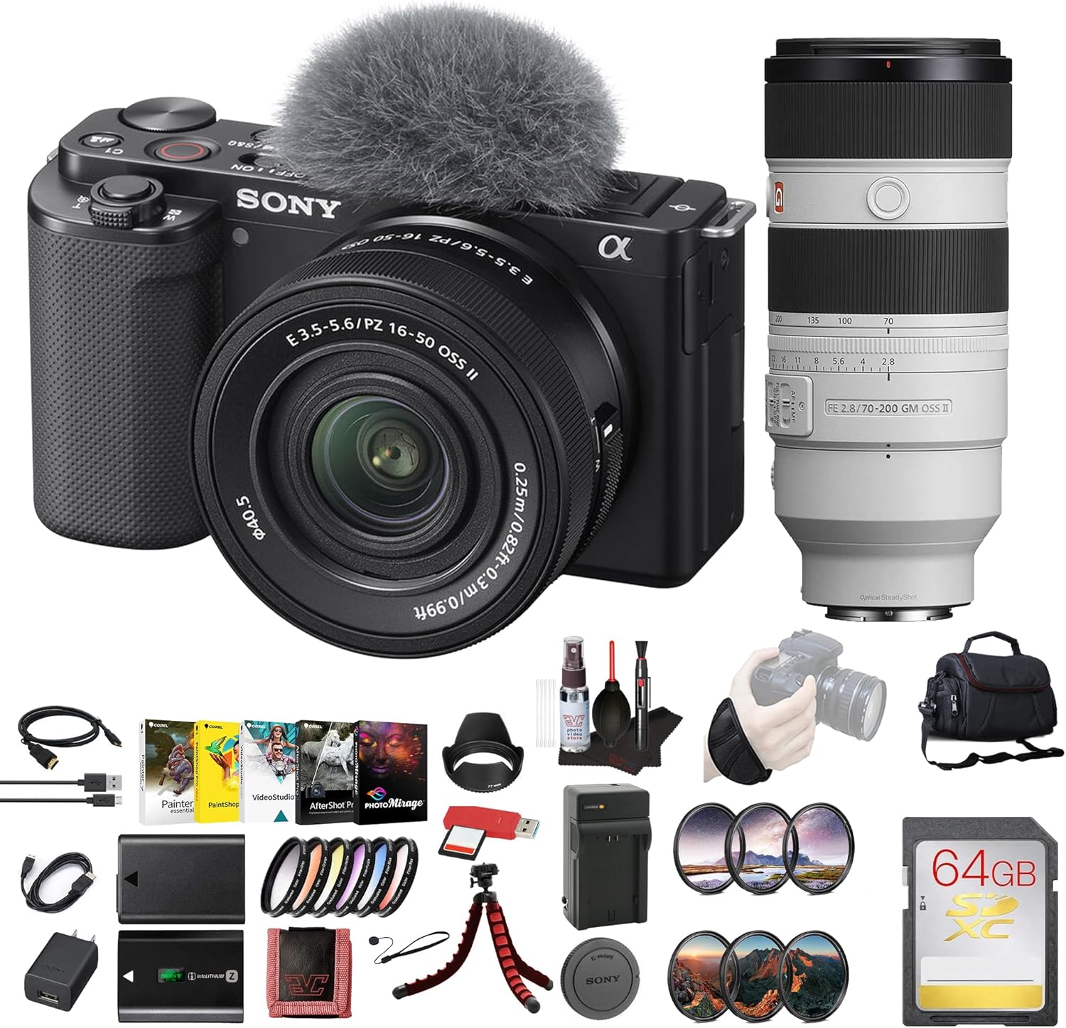 Sony ZV-E10 Mirrorless Camera Kit with 16-50mm II Power Zoom Lens (Black) | APS-C Sensor | Compact Creator Tool + Sony 18-105mm Lens + 64GB Card + Color Filter Kit + Filter Kit + More
