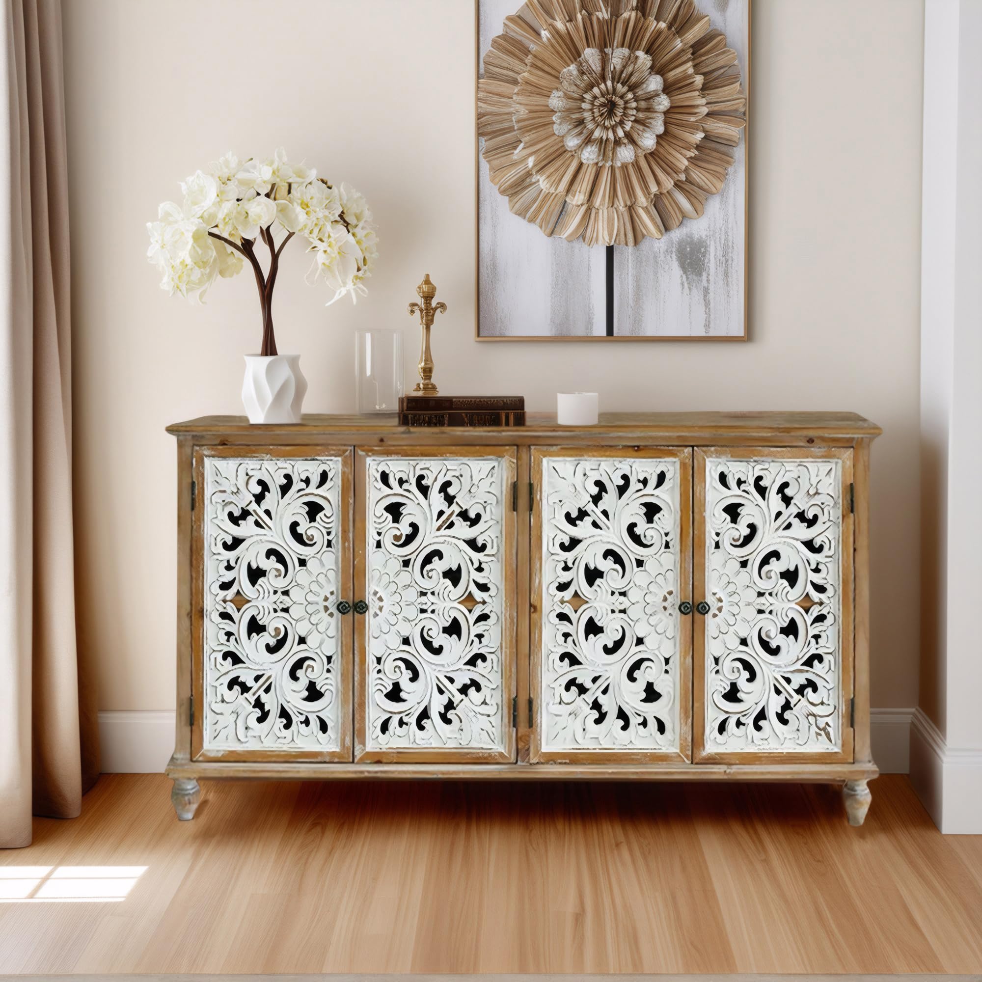 DAPHOHAVEN Hand-Carved Wood Buffet Cabinets - Solid Wood Storage Cabinet,Entry Way Cabinet with Storage for Living Room & Kitchen,Dining Room Storage