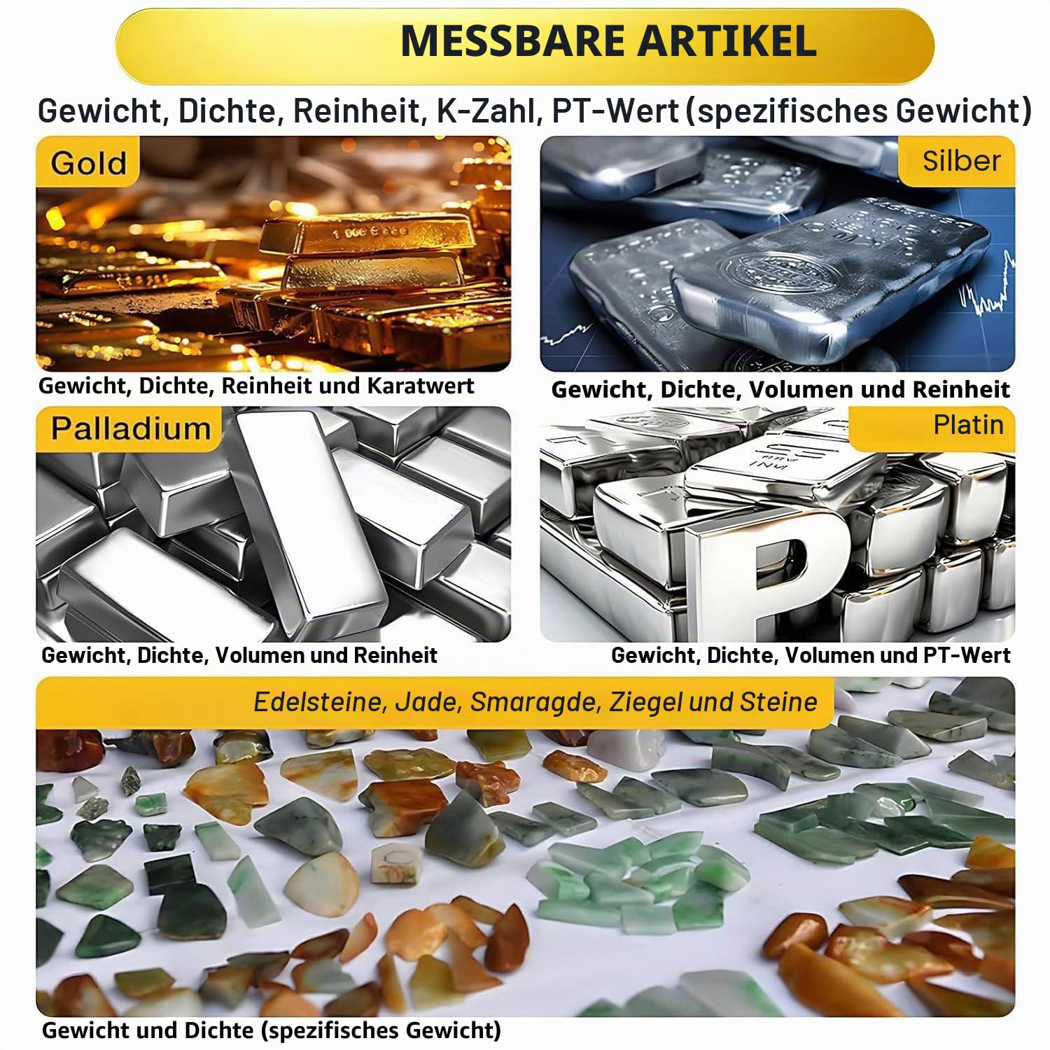 Goldreinheits-Analysegerät, Edelmetall-Analysegerät, Multimetall-Goldtester mit Dichte- und Reinheitsanzeige. Tragbar, für Gold/Silber/Platin/Palladium und Weißgold MDJ-300K
