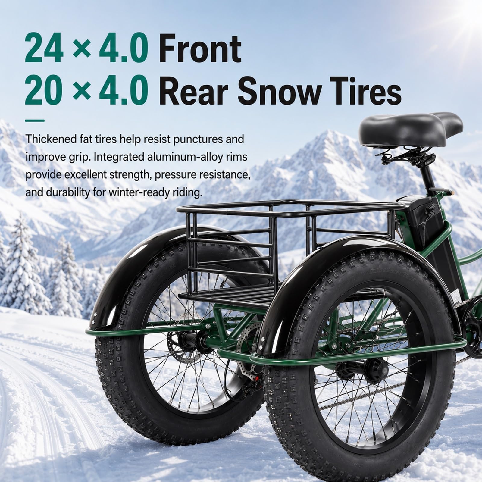Triciclo Elettrico Per Adulti – E-bike A 3 Ruote Con Pneumatici Fat Da 24 Pollici, Batteria Da 48V 18Ah, Cambio A 7 Velocità, Autonomia Di 40 Miglia, 3 Modalità Di Guida, Display LCD(Green)