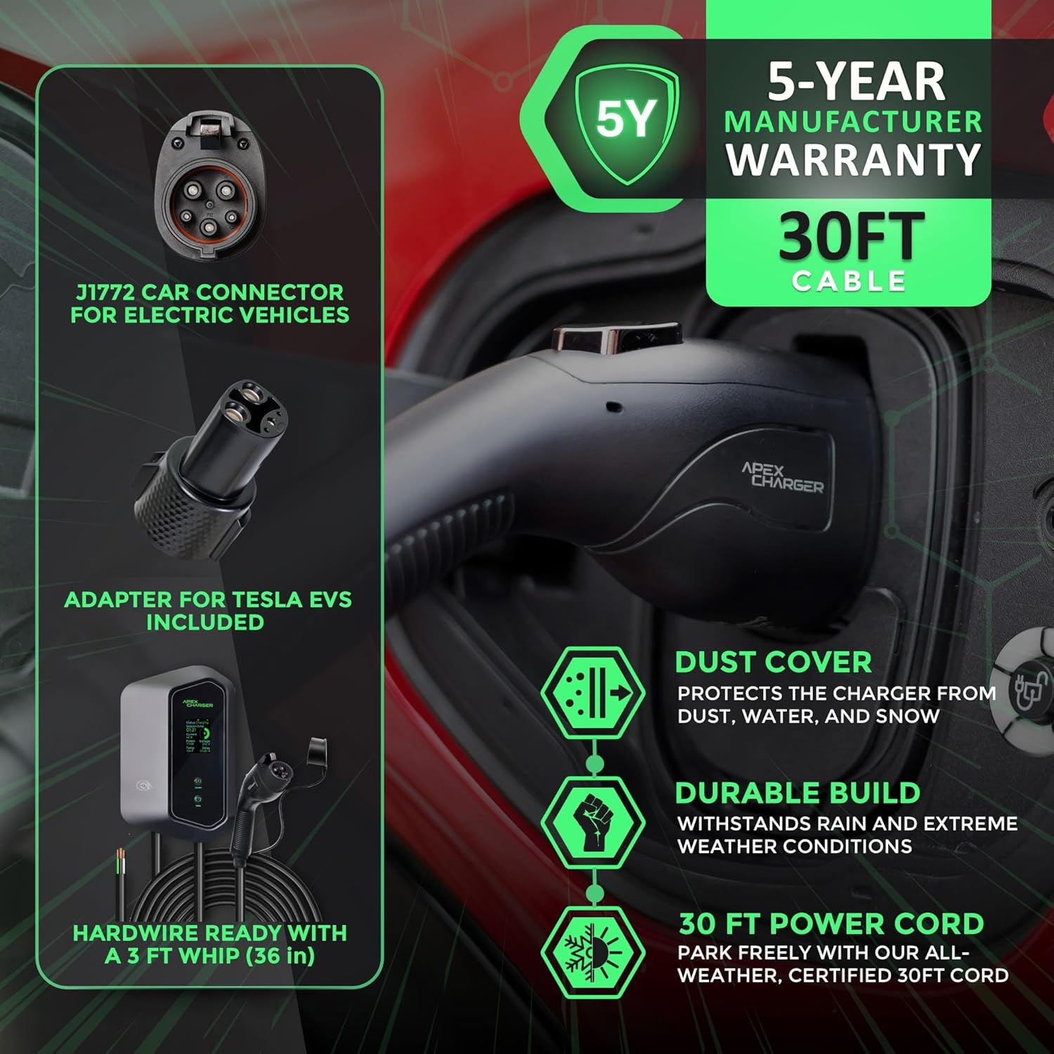 MACH 1: Fast 48 Amp Level 2 EV Charger, Hardwired Wall-Mount EVSE - Electric Vehicle Charging Station with Amp Lock, 200-240V. J1772 Connector Plus Tesla NACS Adapter. Outdoor Rated & a 30ft Cable - Image 2