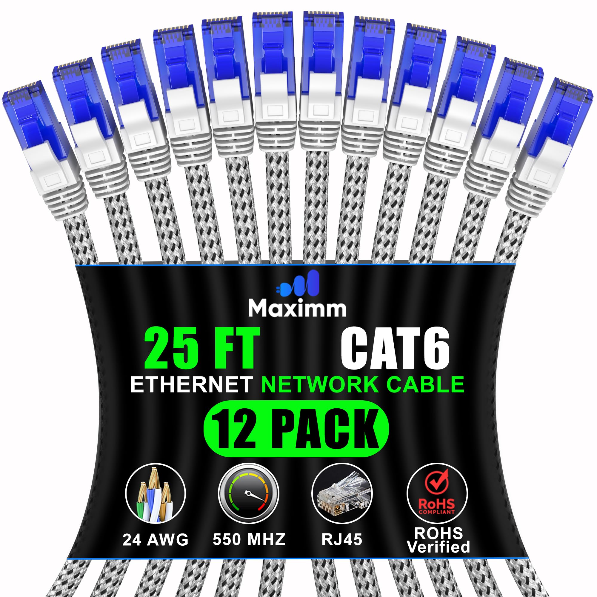 Maximm Cat 6 Ethernet Cable 25 ft, Braided Network Cable Cat6 with RJ45 connectors, Gigabit LAN Cable 1000 Mbps High-Speed Internet, White (12 Packs)