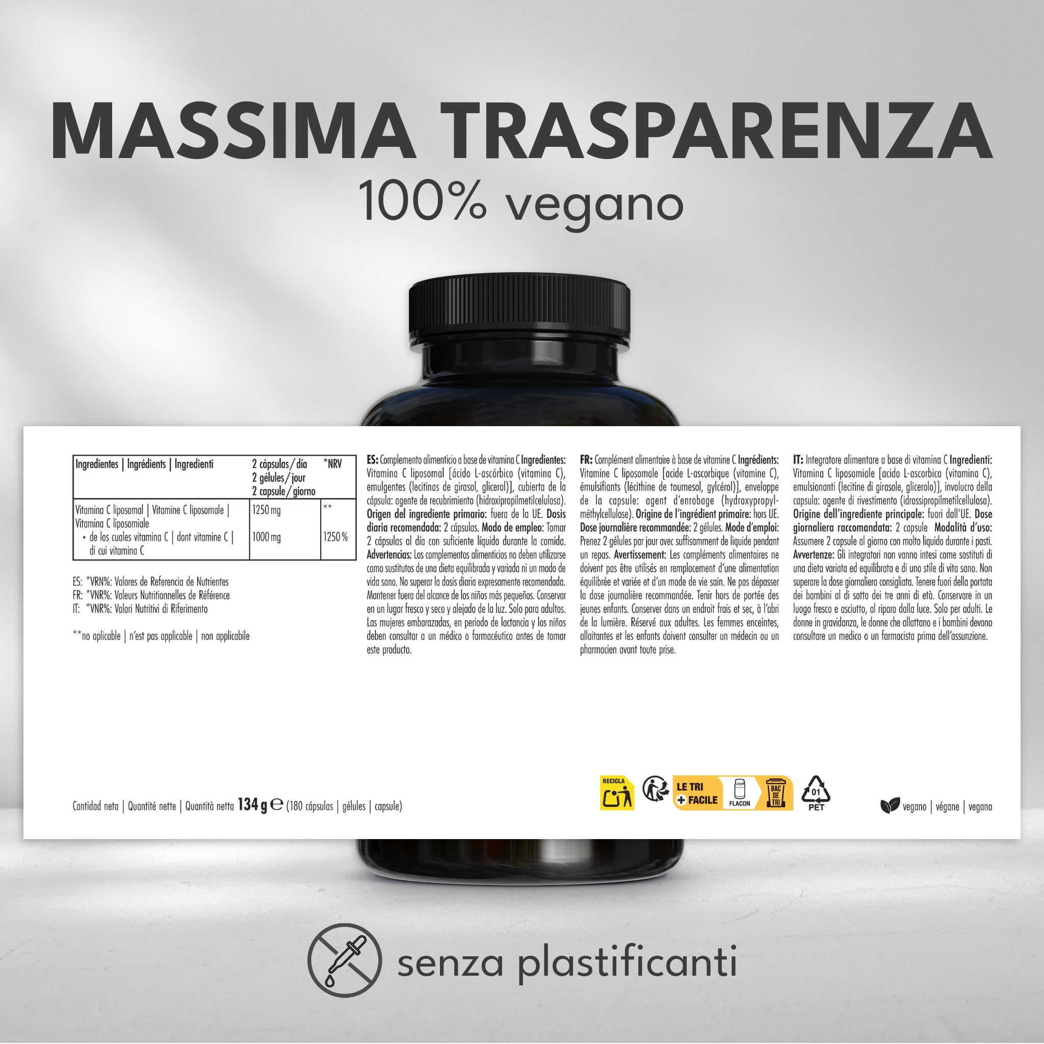 Vitamina C liposomiale 1250mg - Importante: massima biodisponibilità e assorbimento - 180 capsule vegane a base di ciliegie di acerola - Green Naturals®