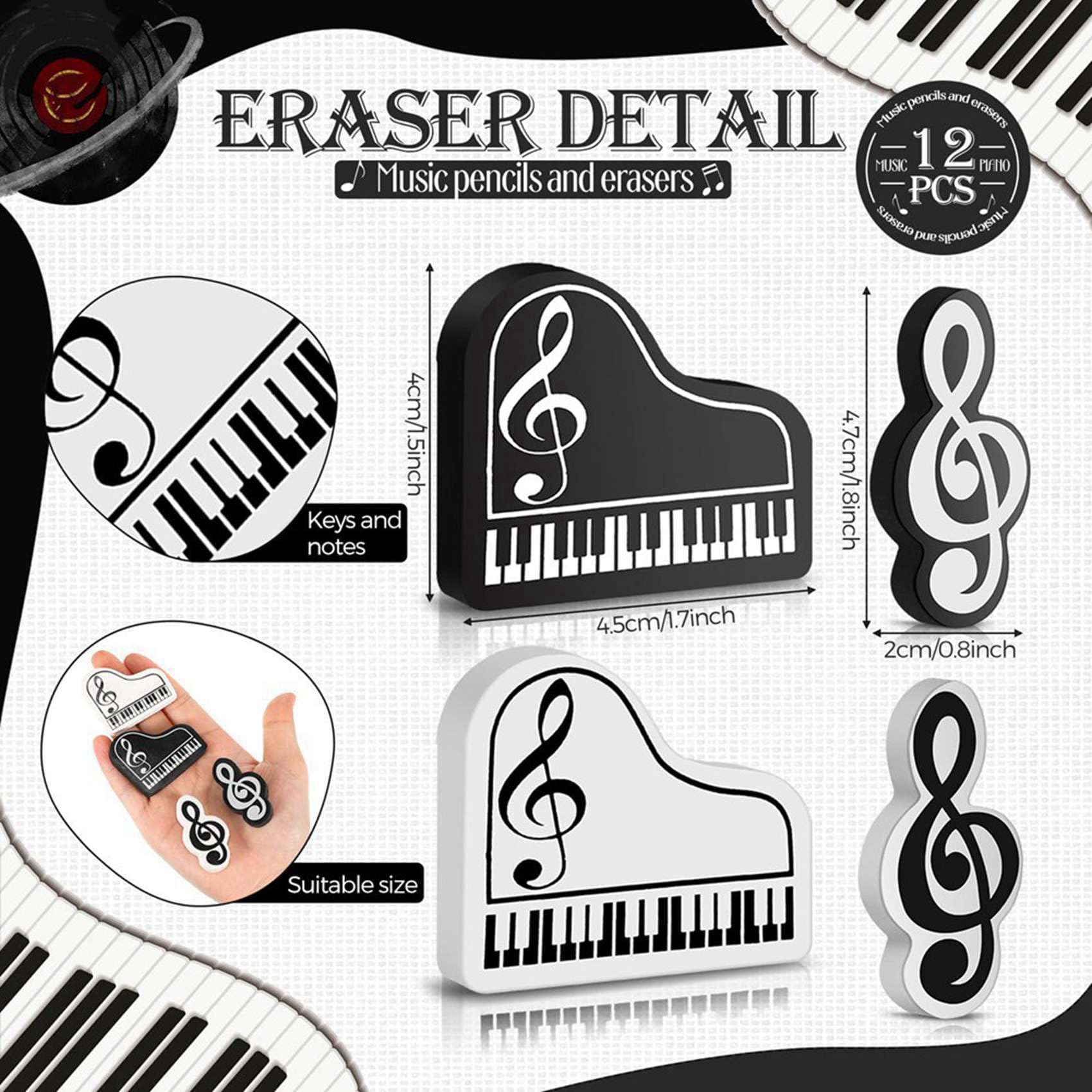 Qezodsx Music Pencils Music Note Pencil with Music Themed Erasers Wood Pencils Bulk Keyboard Fun Pencils Erasers Gift (48 Pcs) - Image 3
