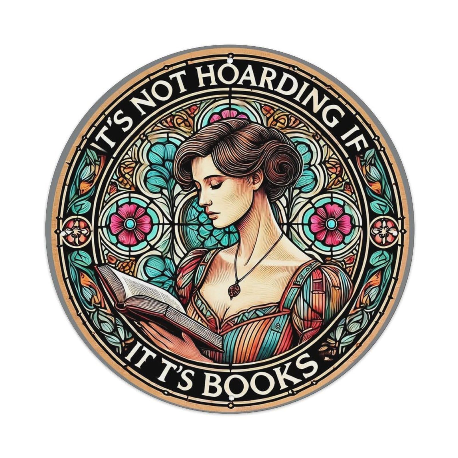 Stained Glass Woman Reading Book Round Metal Tin Sign Vintage Wall Decor, Bar Garage Cafe Kitchen Home Wall Art Poster 8x8inches