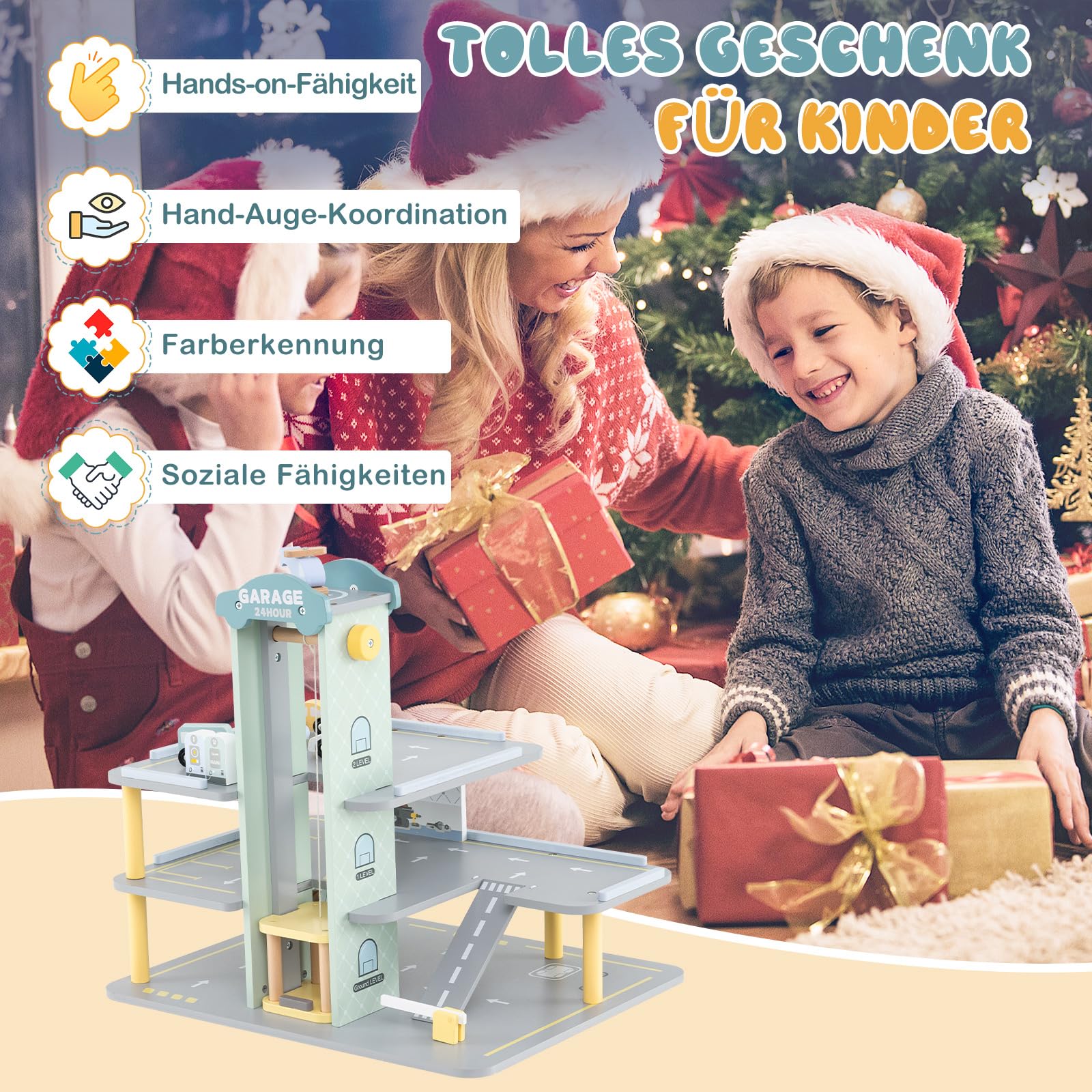 DREAMADE Kinderparkhaus aus Holz, Parkgarage für Kinder mit 4 Autos & 1 Hubschrauber, 3-stöckige Parkgarage mit Aufzug, Autowaschanlage und Tankstelle, Parkhaus für Kinder ab 3 Jahren