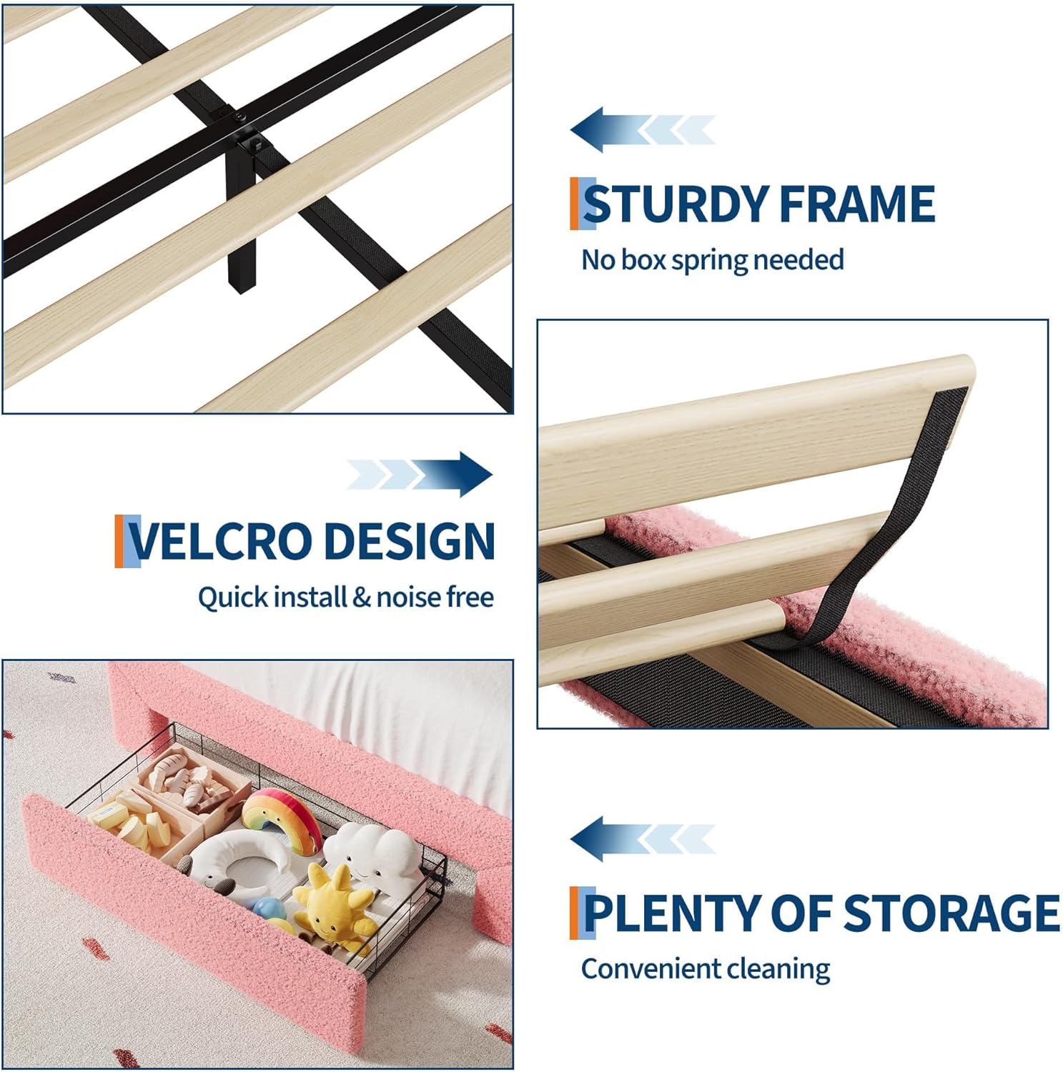 IDEALHOUSE Queen Bed Frame with LED Headboard and Under-Bed Drawer, Metal Upholstered Platform Bed with LED Light for Kids, Girls, Lamb Fleece Fabric, Wooden Slats Support, No Box Spring Needed, Pink