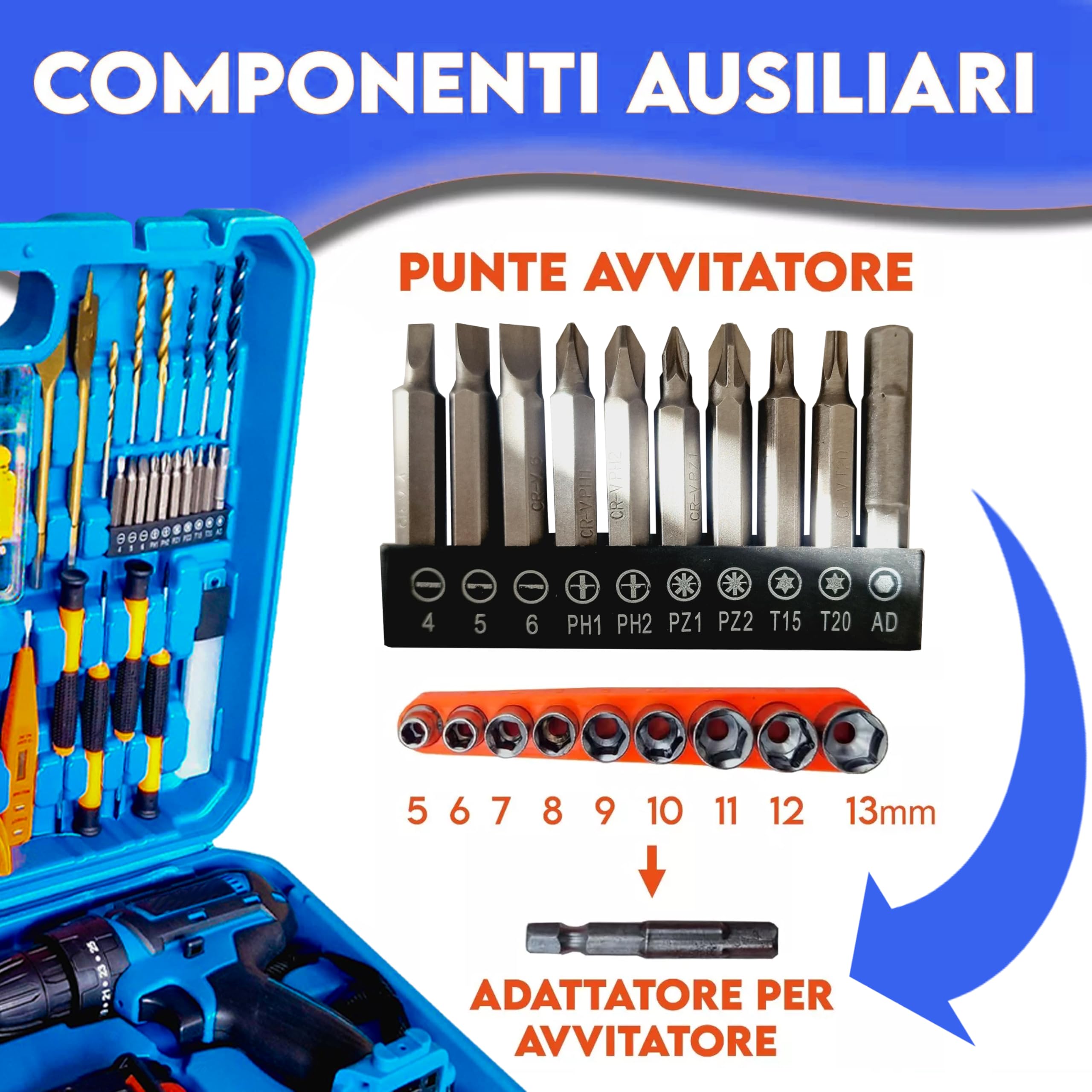 MAKA Trapano Avvitatore a Percussione con 2 Batterie da 26V + Valigetta Attrezzi 116 Pezzi (Punte, Chiavi, Pinze, Viti, Martello), Lunga Autonomia, Trapano Avvitatore Valigetta Elettricista