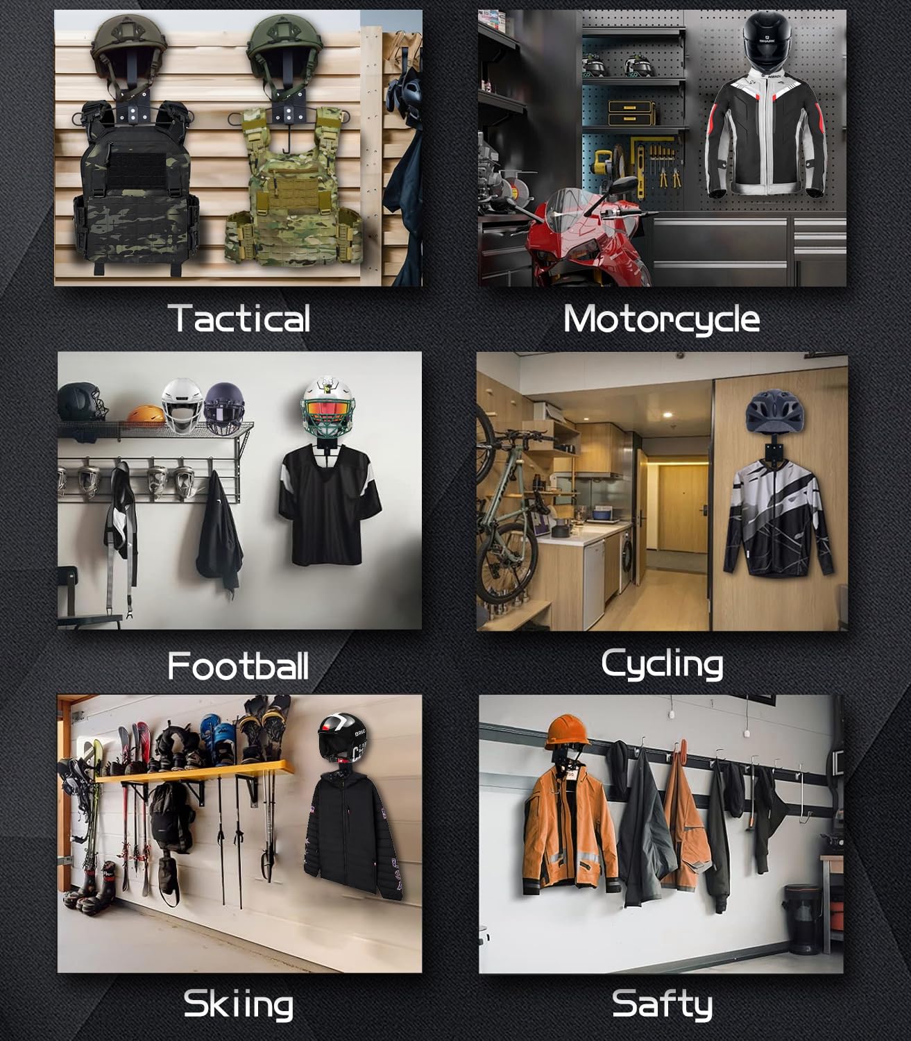 ULIONTAC Tactical Accessory Display Rack Ferrous with Helmet Holder Multipurpose Wall Mount Organizer for Motorcycle, Cycling, and Sports Gear