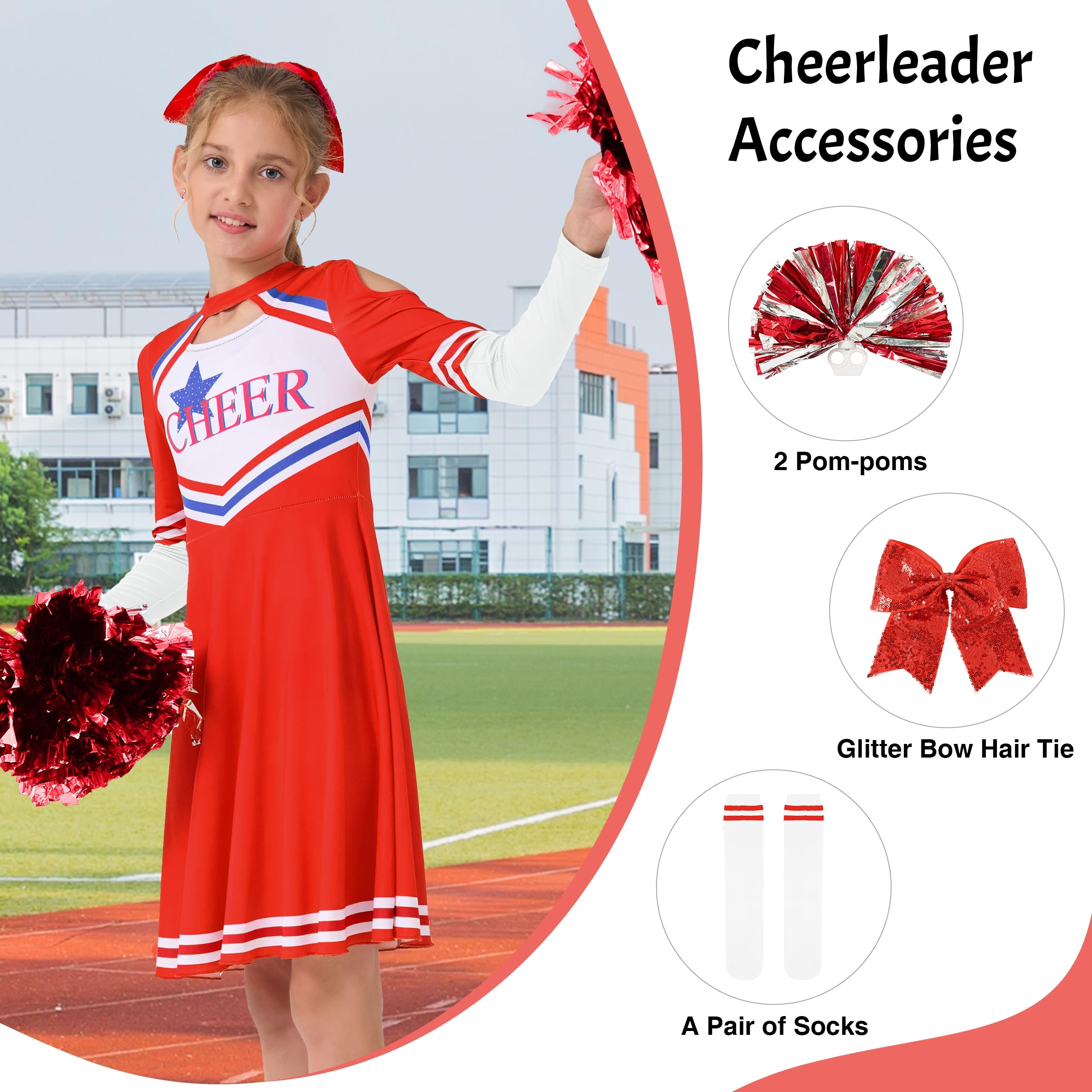 LOLANTA Costume da Cheerleader per Bambini, Vestito da Cheerleader a Maniche Lunghe per Ragazze con Pompon e Calzini, Carnevale o Evento Sportivo