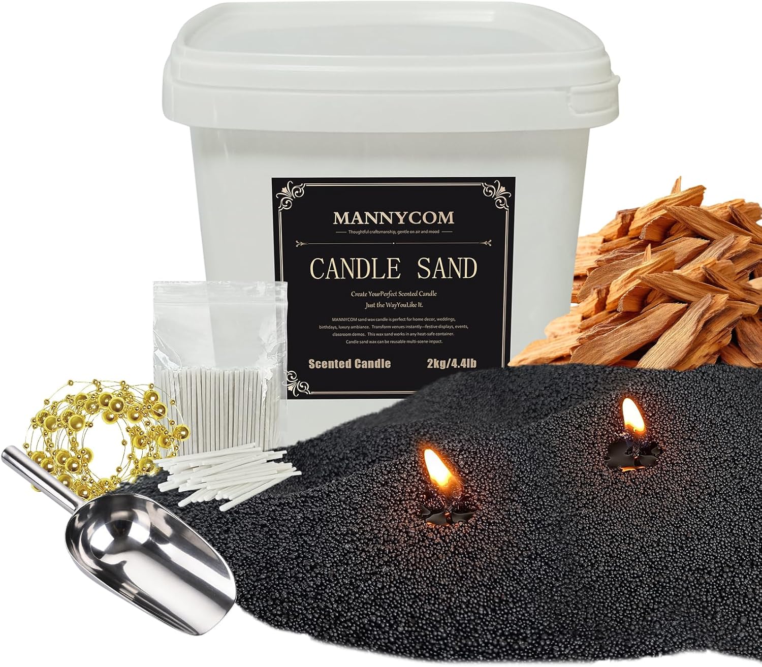 4LB Candle Sand - Black Sandalwood Fantasy Scented Wax Beads, Sand Wax, with 120 Cotton Wicks & Stirring Spoon Ice Scoop - DIY Candles Making Refill Kit